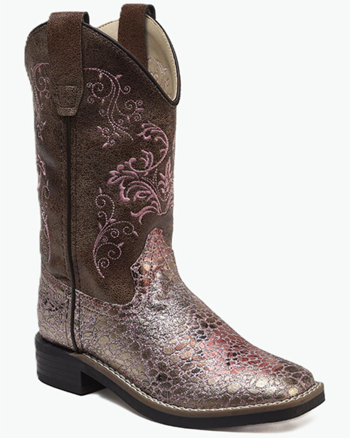 Image #1 - Old West Girls' Embroidered Metallic Western Boots - Broad Square Toe, Pink, hi-res