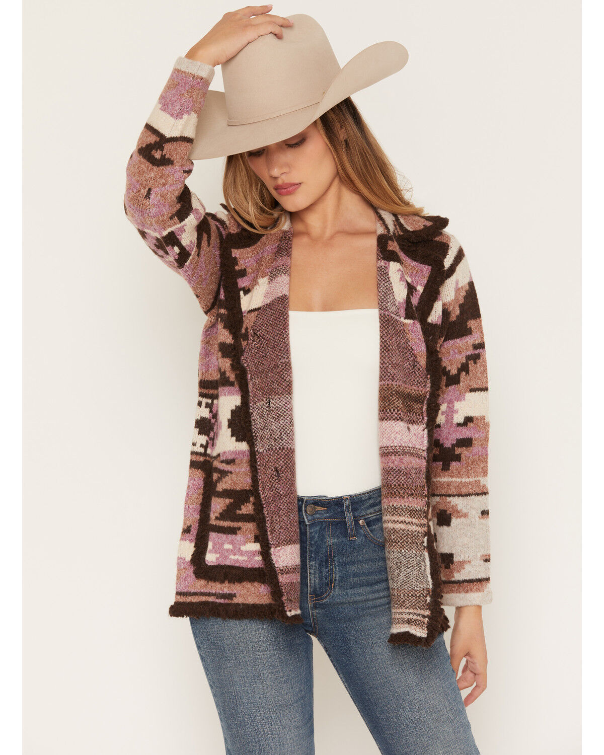 Shyanne Women's Typer Southwestern Button-Down Cardigan, Brown, hi-res