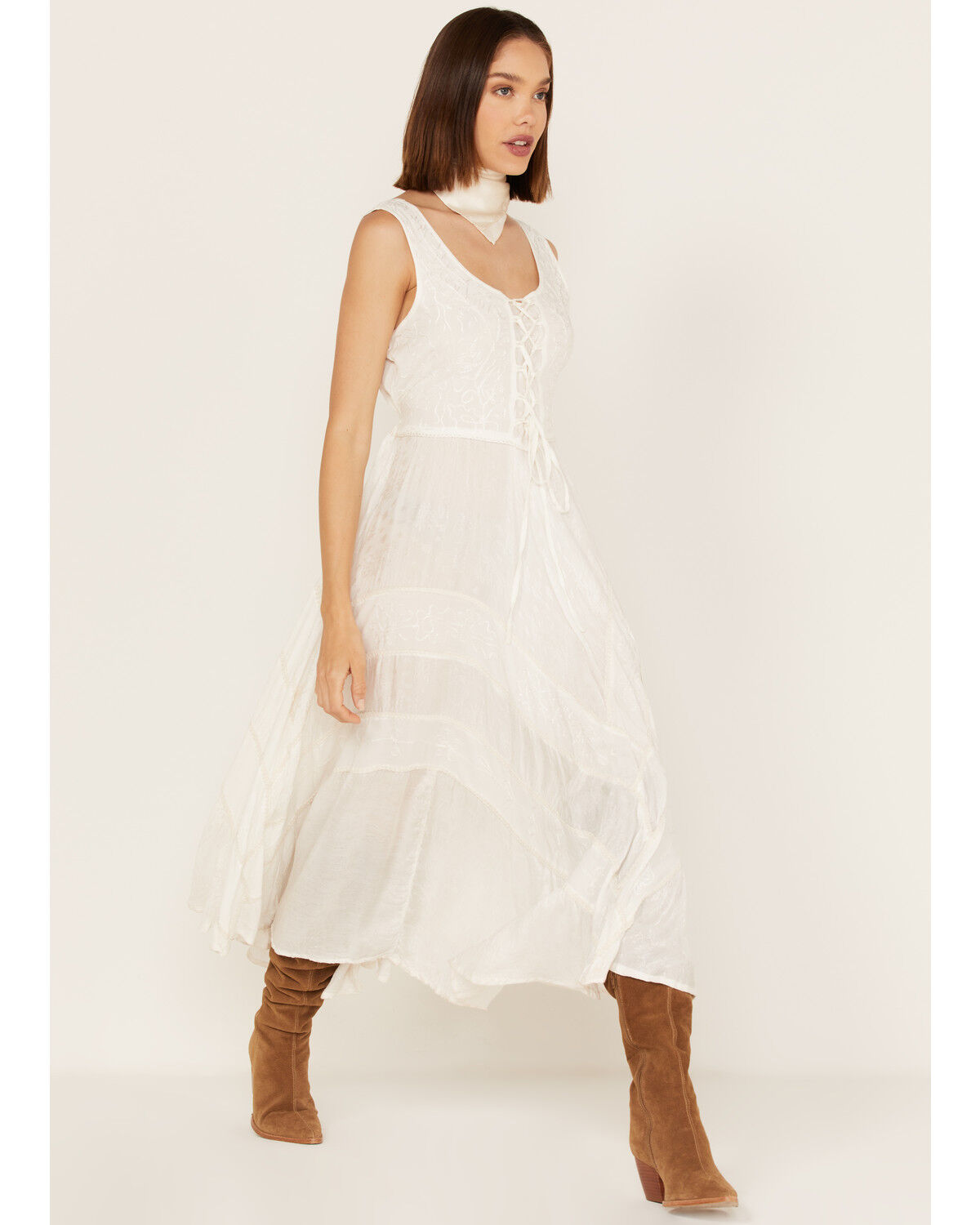 Image #2 - Scully Women's Lace-Up Jacquard Midi Dress, Ivory, hi-res