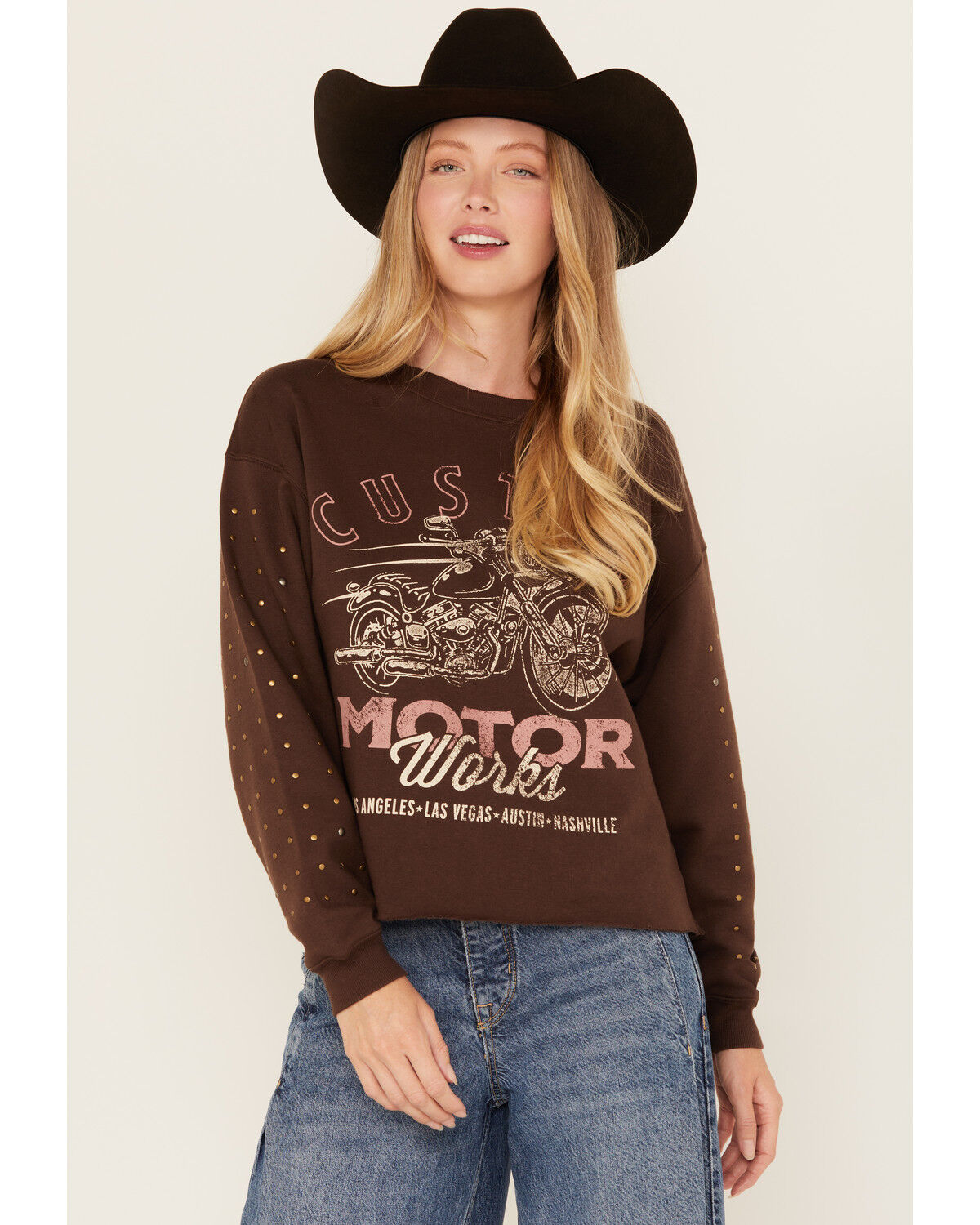 Cleo + Wolf Women's Embellished Sleeve Pullover Sweatshirt, Brown, hi-res