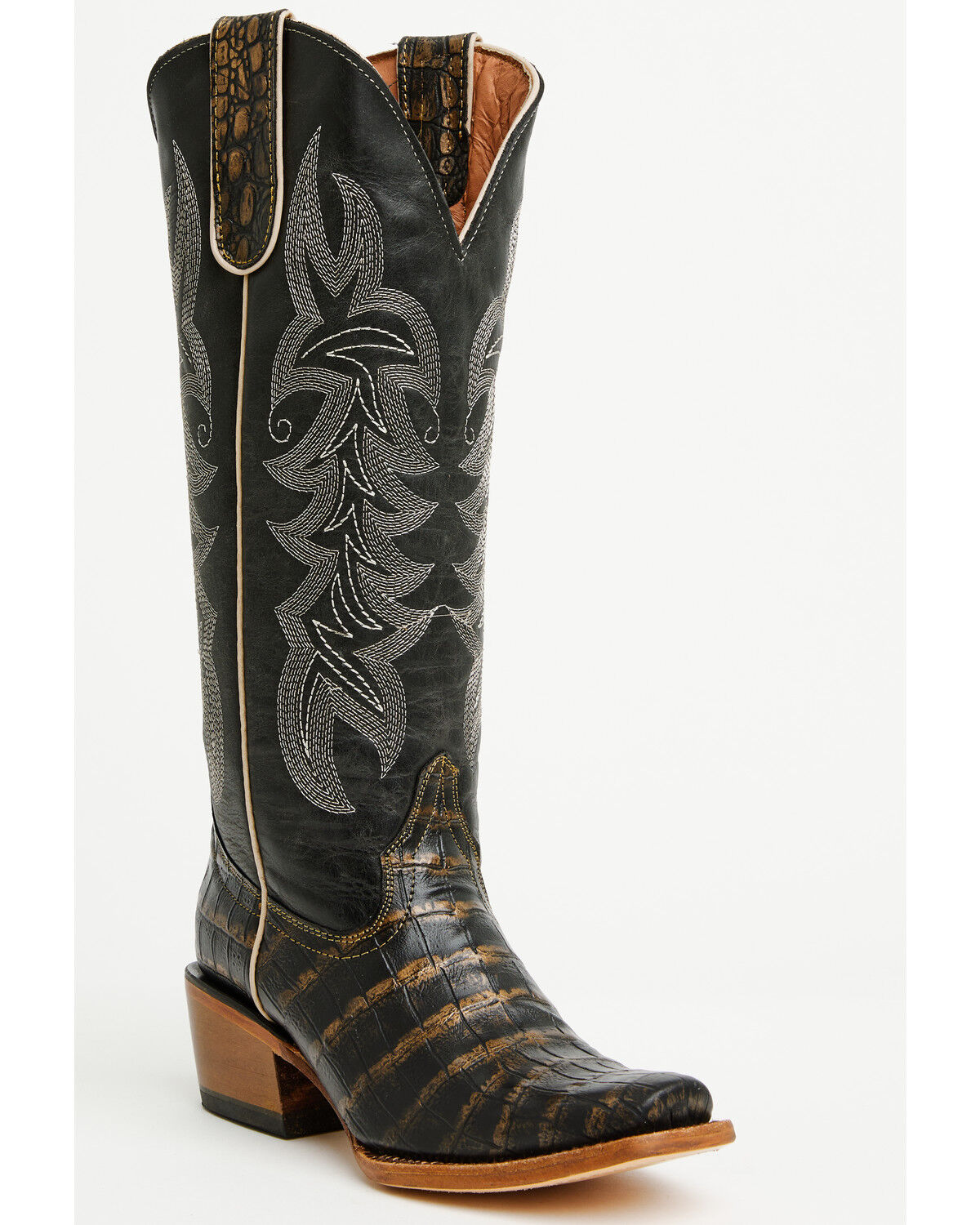 Image #1 - Tanner Mark Women's Caiman Print Tall Western Boots - Square Toe, Black, hi-res