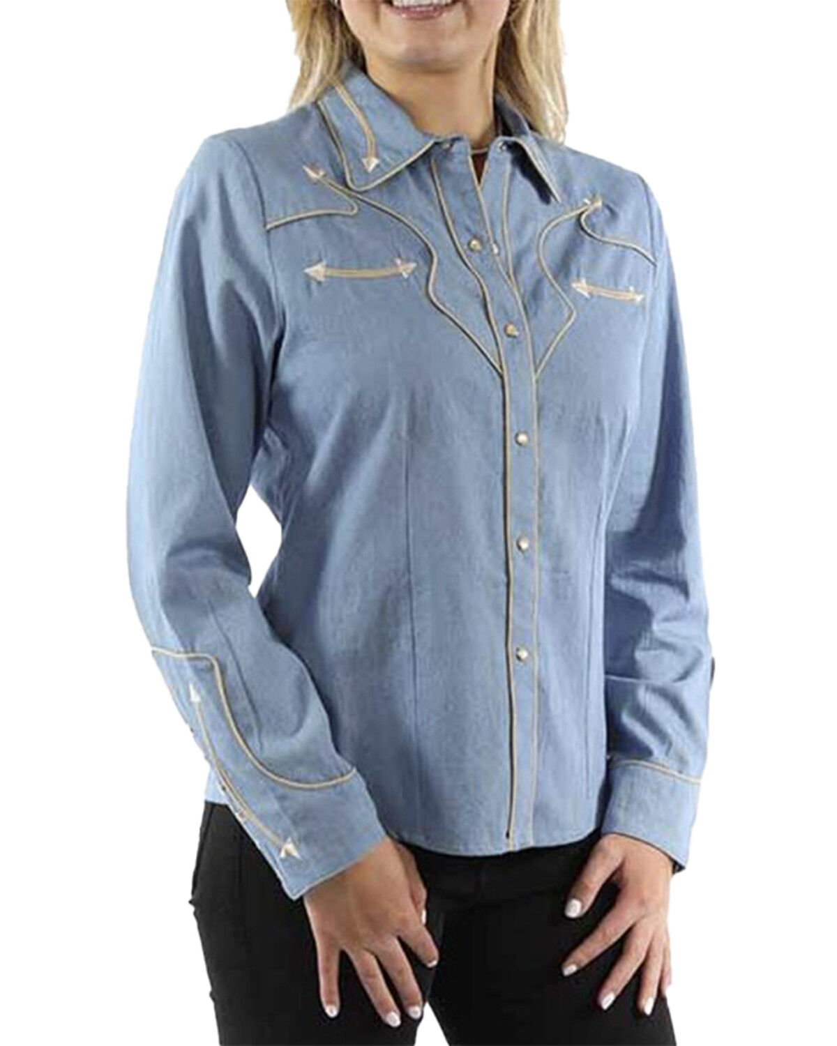Image #1 - Scully Women's Solid Long Sleeve Pearl Snap Western Shirt, Blue, hi-res