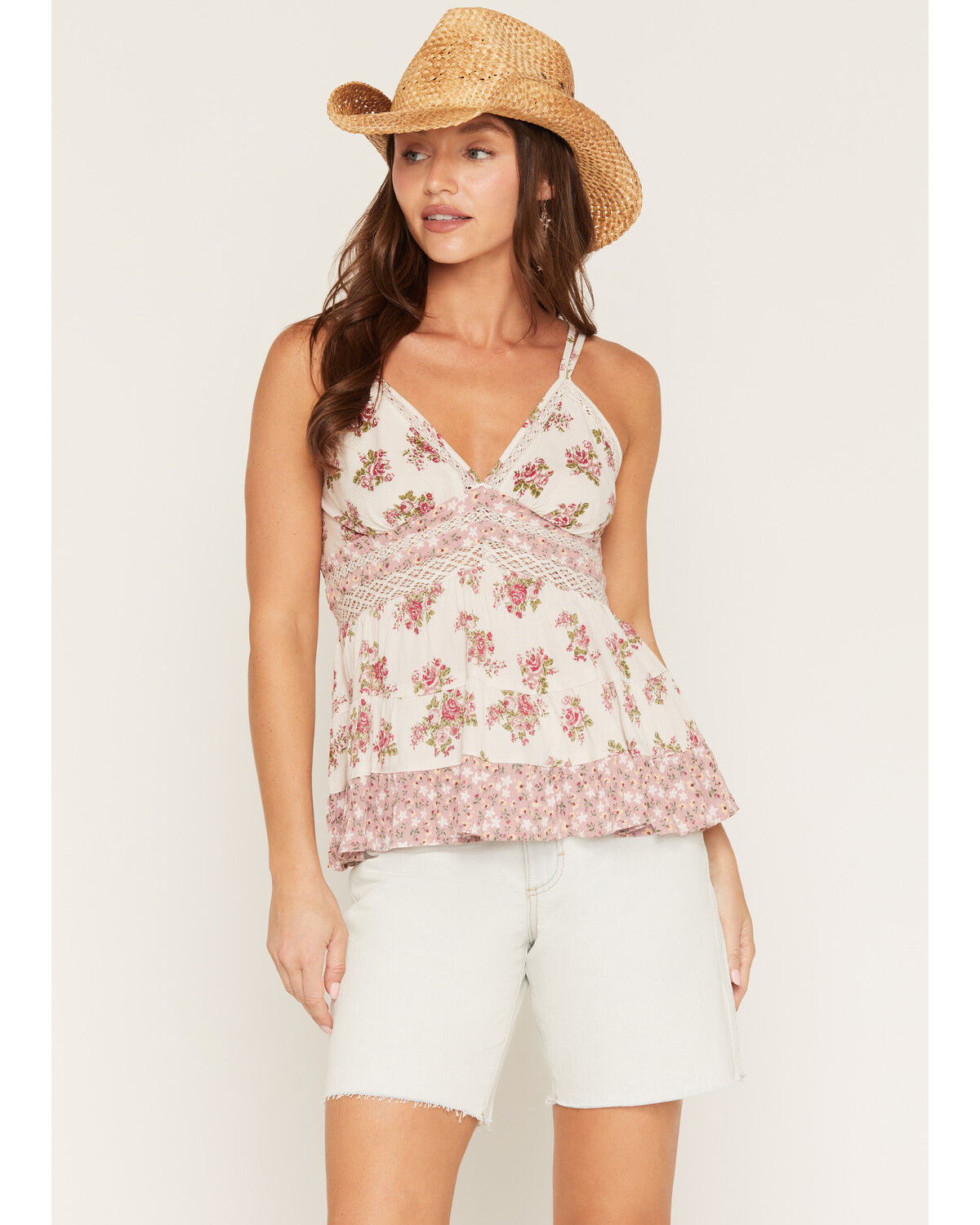 Image #1 - Angie Women's Floral Print Lace Trim Tank Top, Ivory, hi-res