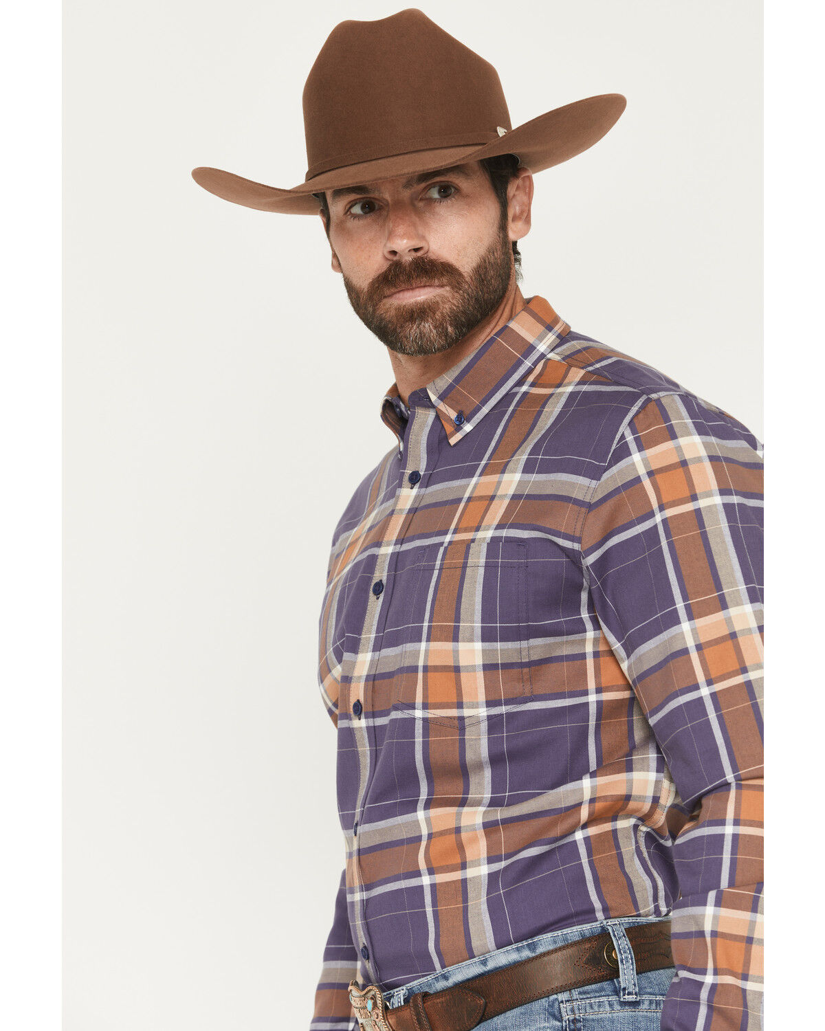 Image #2 - Cody James Men's Smokey Trail Plaid Print Long Sleeve Button-Down Stretch Western Shirt - Tall, Dark Blue, hi-res
