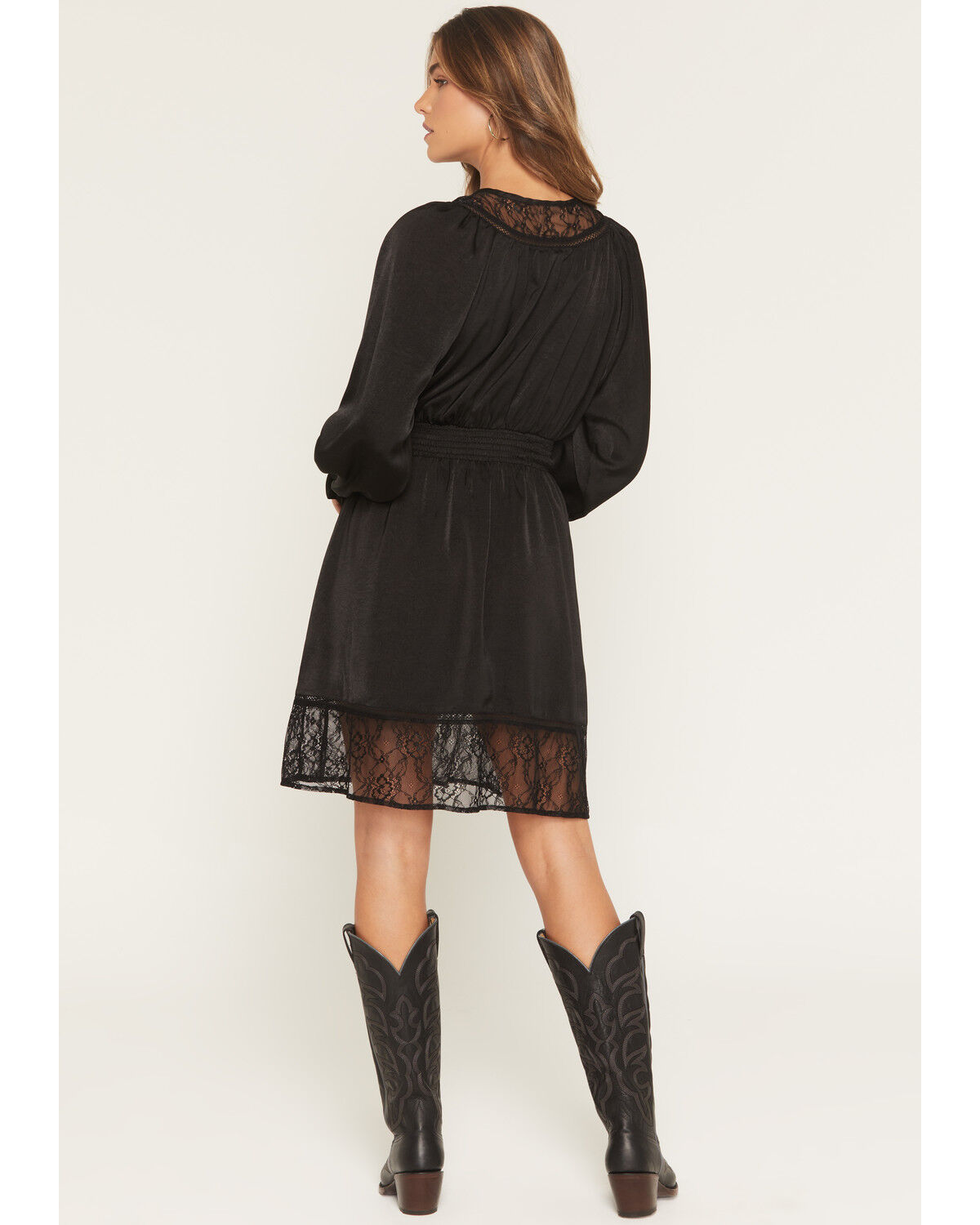 Image #4 - Miss Me Women's Long Sleeve Lace Trim Mini Dress, Black, hi-res