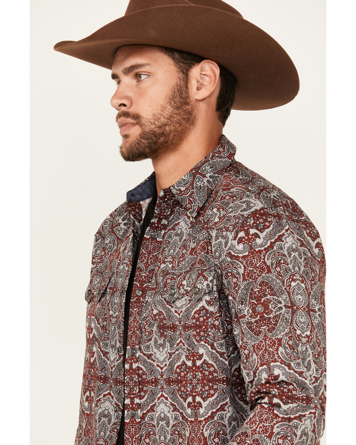 Image #2 - Moonshine Spirit&reg; Men's Manhattan Paisley Print Long Sleeve Snap Western Shirt, Burgundy, hi-res