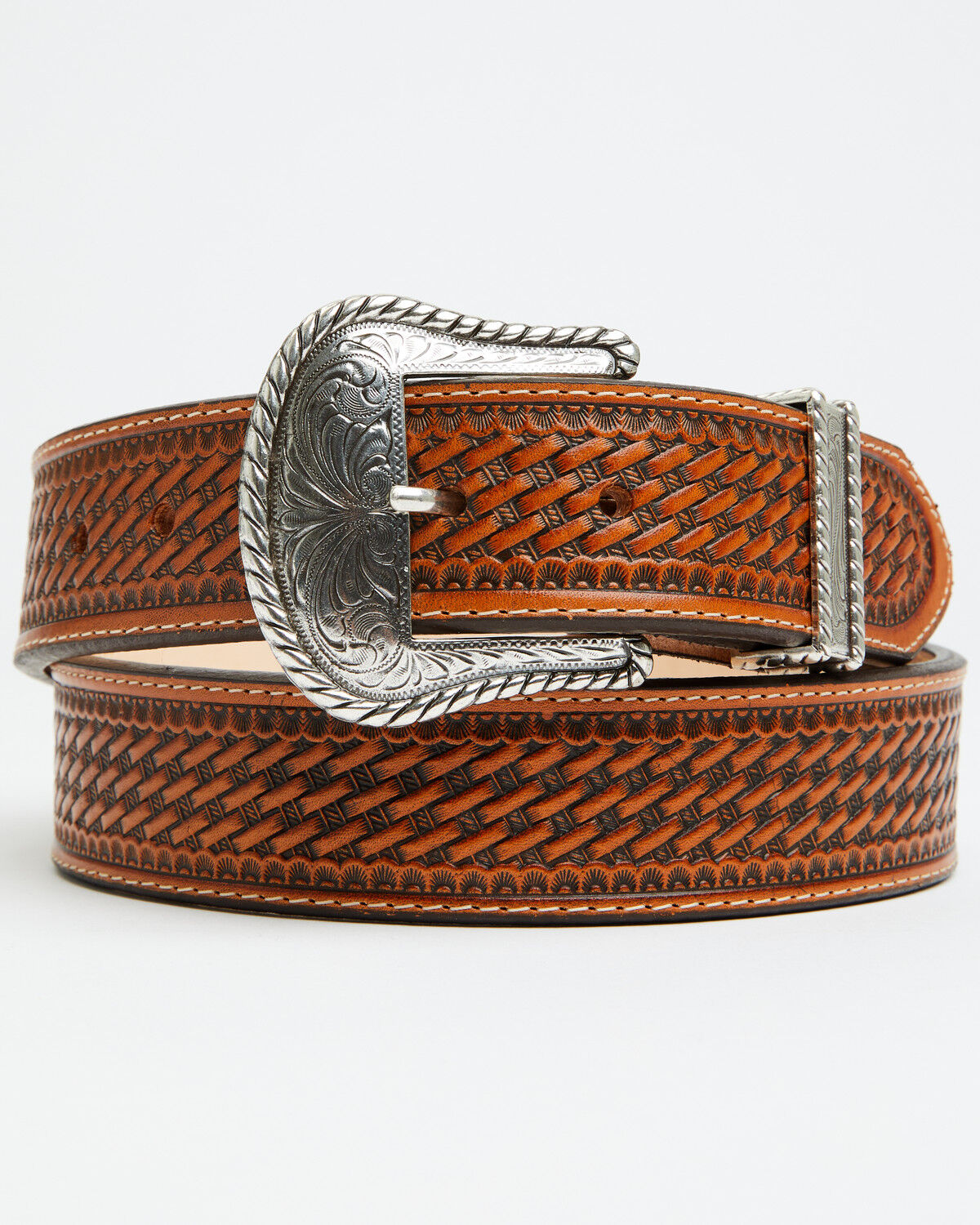 Justin Men's Bronco Basketweave Leather Belt, Tan, hi-res