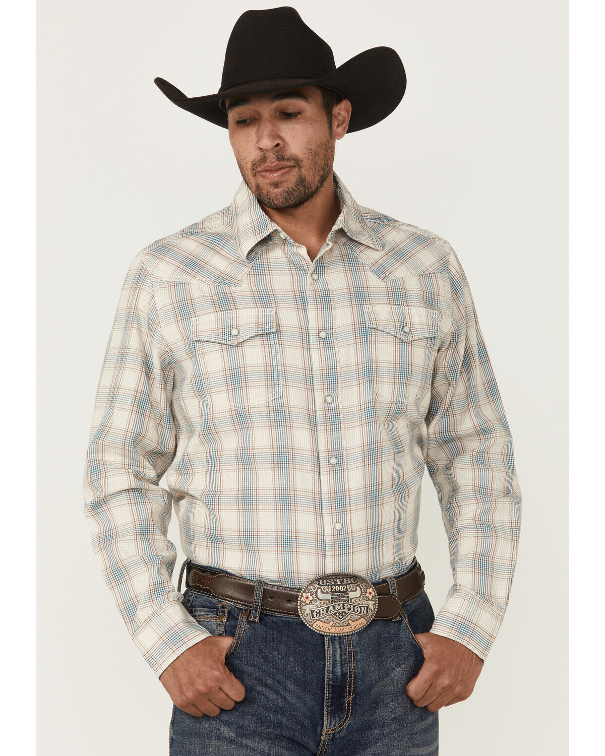 Wrangler Retro Men's Plaid Print Long Sleeve Snap Western Shirt, Cream, hi-res