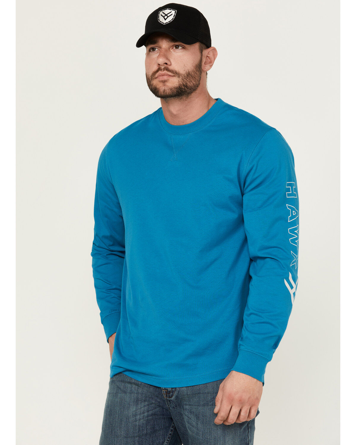 Image #1 - Hawx Men's Long Sleeve Knit Solid Logo Long Sleeve Work T-Shirt - Tall, Teal, hi-res