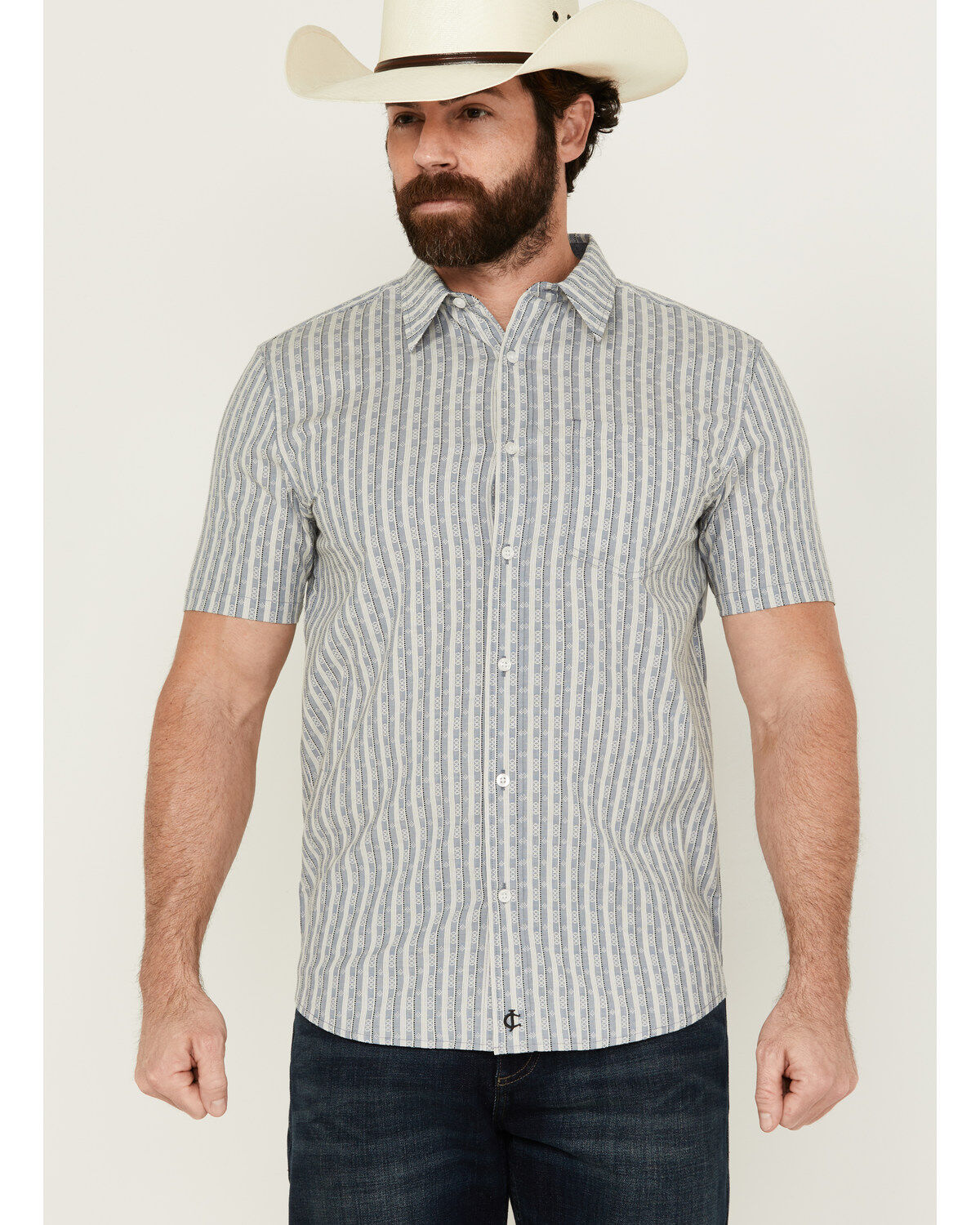 Image #1 - Cody James Men's Falling Diamond Striped Short Sleeve Button-Down Stretch Western Shirt, Light Blue, hi-res