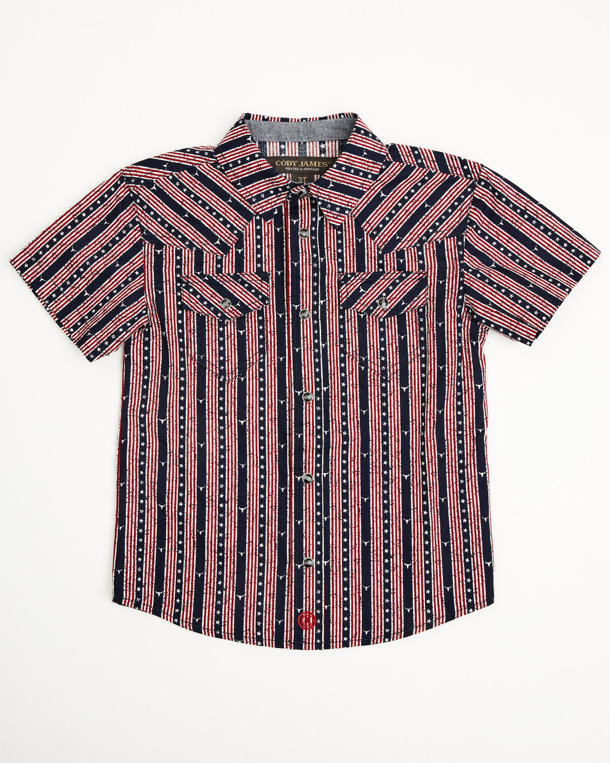 Image #1 - Cody James Toddler Boys' Steer Head Stars & Stripes Short Sleeve Snap Western Shirt, Navy, hi-res