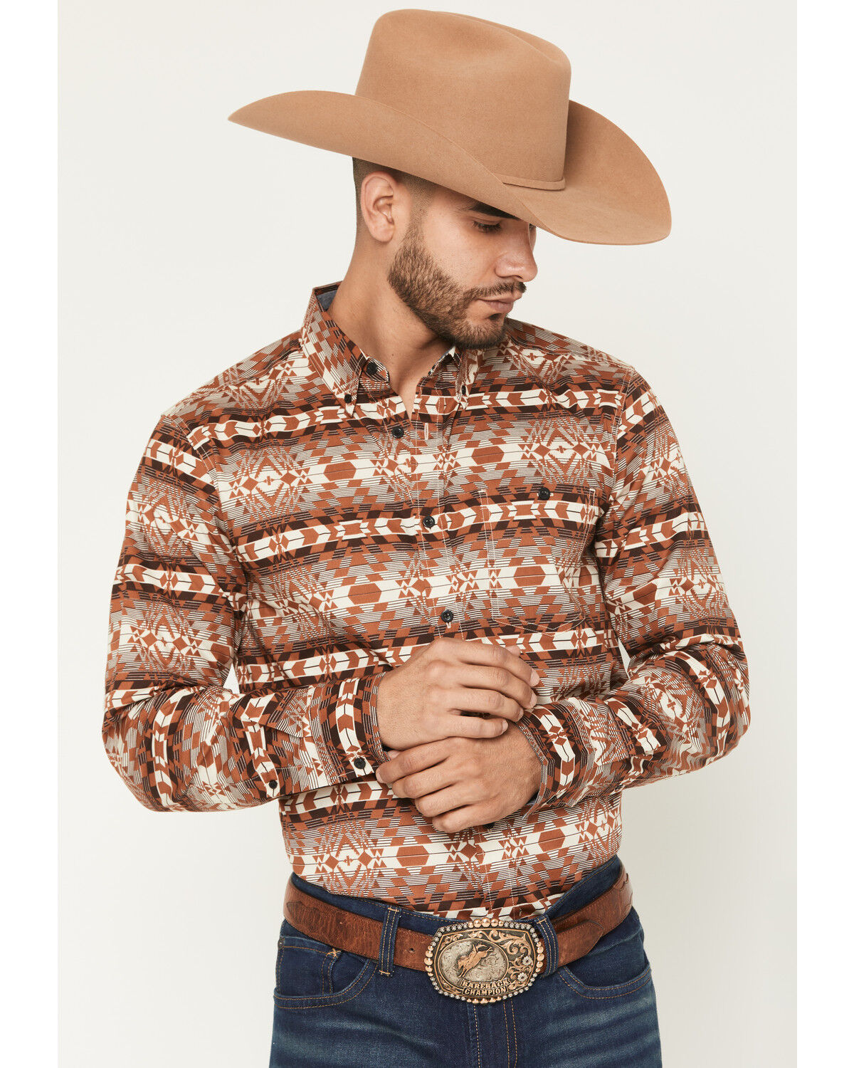 Image #1 - RANK 45&reg; Men's Mountain Shadow Southwestern Print Long Sleeve Button-Down Stretch Western Shirt, Tan, hi-res