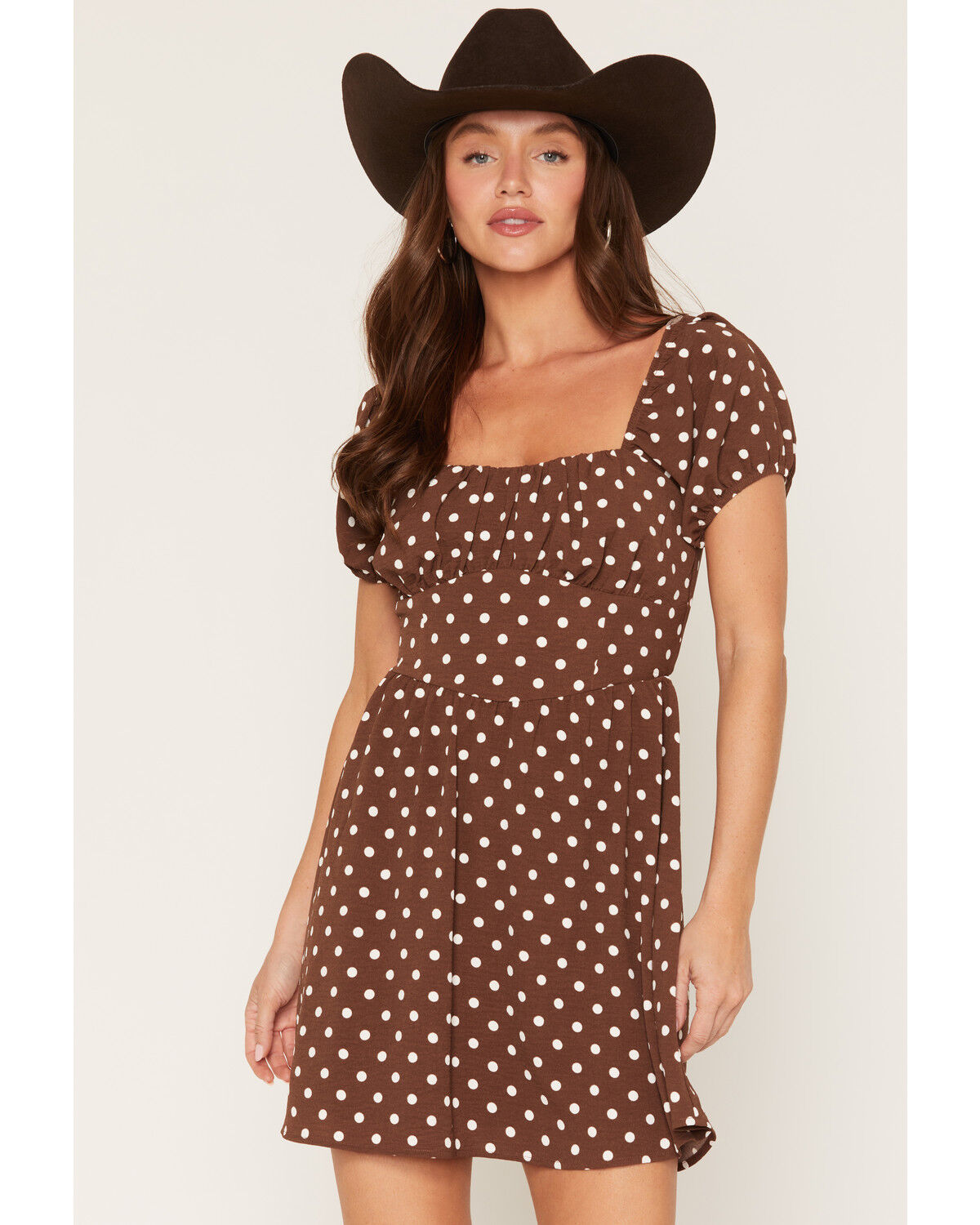 Image #1 - Originality Women's Boot Barn Exclusive Polka Dot Tie Back Mini Dress, Brown, hi-res