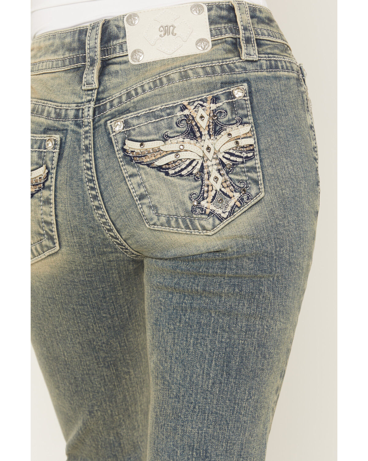 Image #2 - Miss Me Women's Dark Wash Mid Rise Winged Pocket 32" Bootcut Stretch Denim Jeans, Dark Wash, hi-res