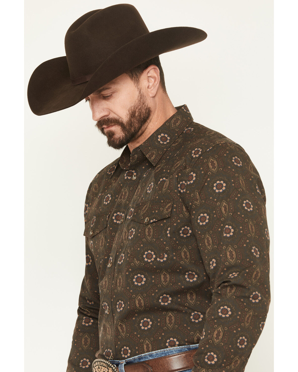 Image #2 - Gibson Trading Co Men's Bourbon Street Medallion Print Long Sleeve Snap Stretch Western Shirt - Tall, Brown, hi-res