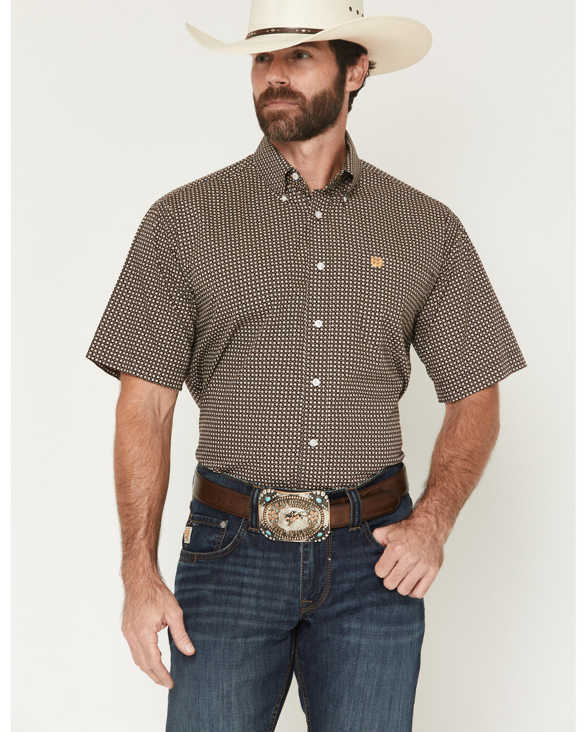 Cinch Men's Geo Print Short Sleeve Button-Down Western Shirt, Brown, hi-res