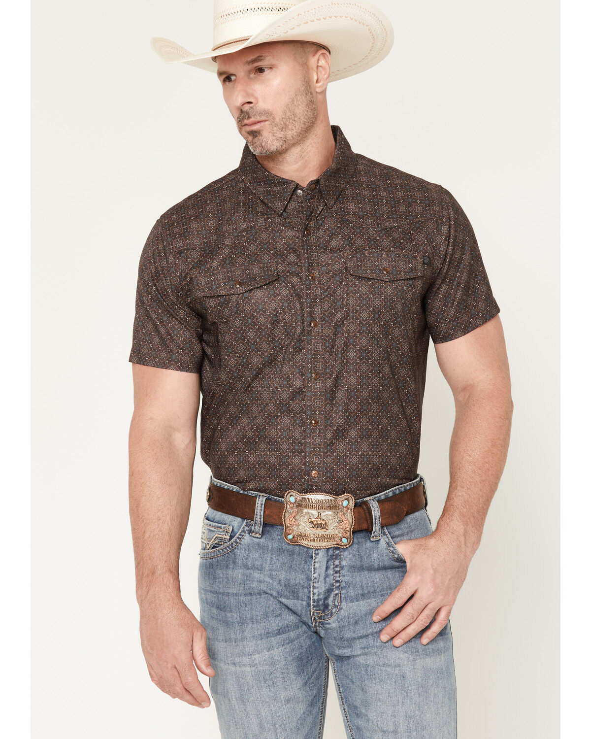 Rock & Roll Denim Men's TEK Medallion Print Short Sleeve Button-Down Performance Stretch Western Shirt, Dark Brown, hi-res