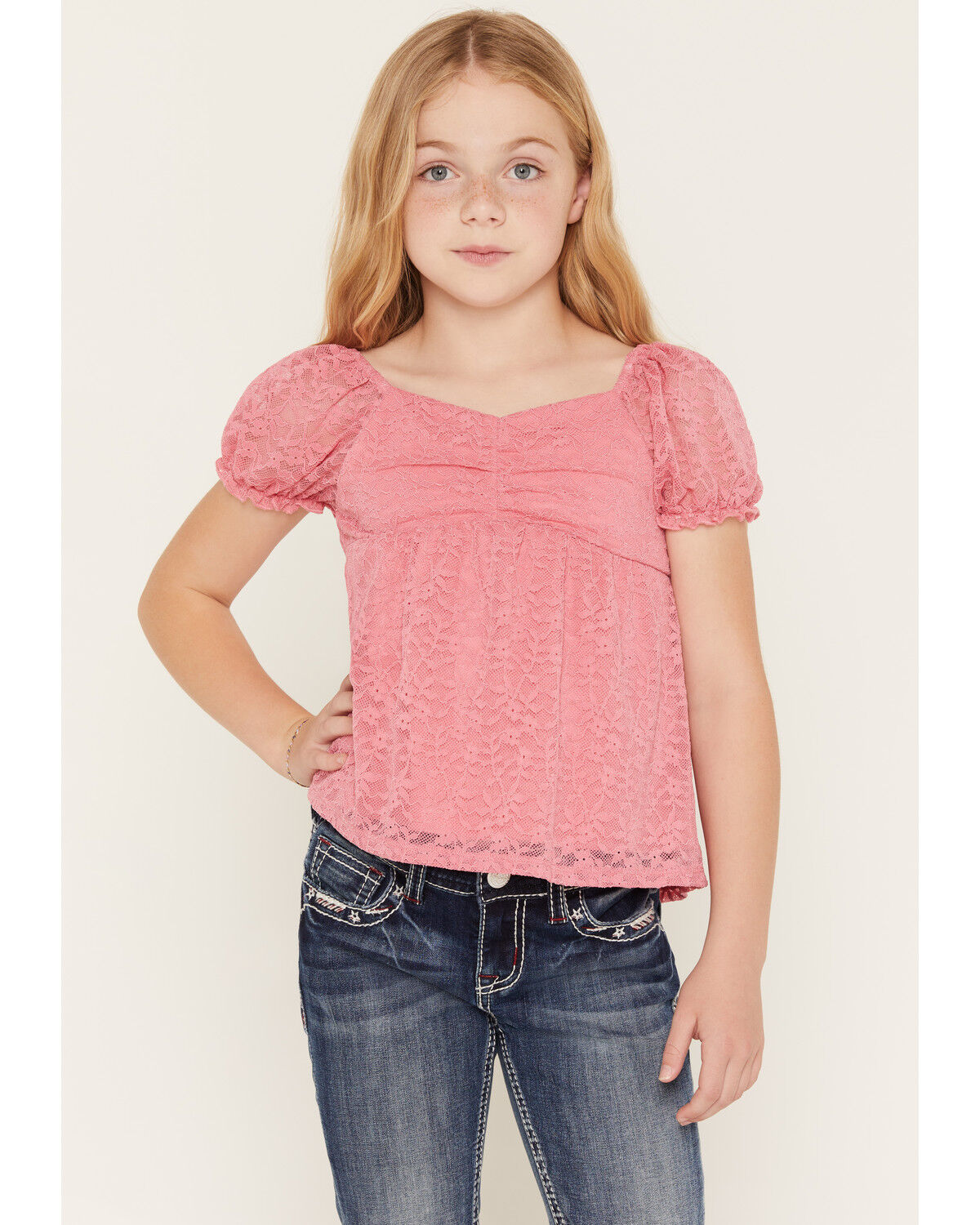 Image #1 - Sugar California Girls' Lace Short Puff Sleeve Shirt, Pink, hi-res