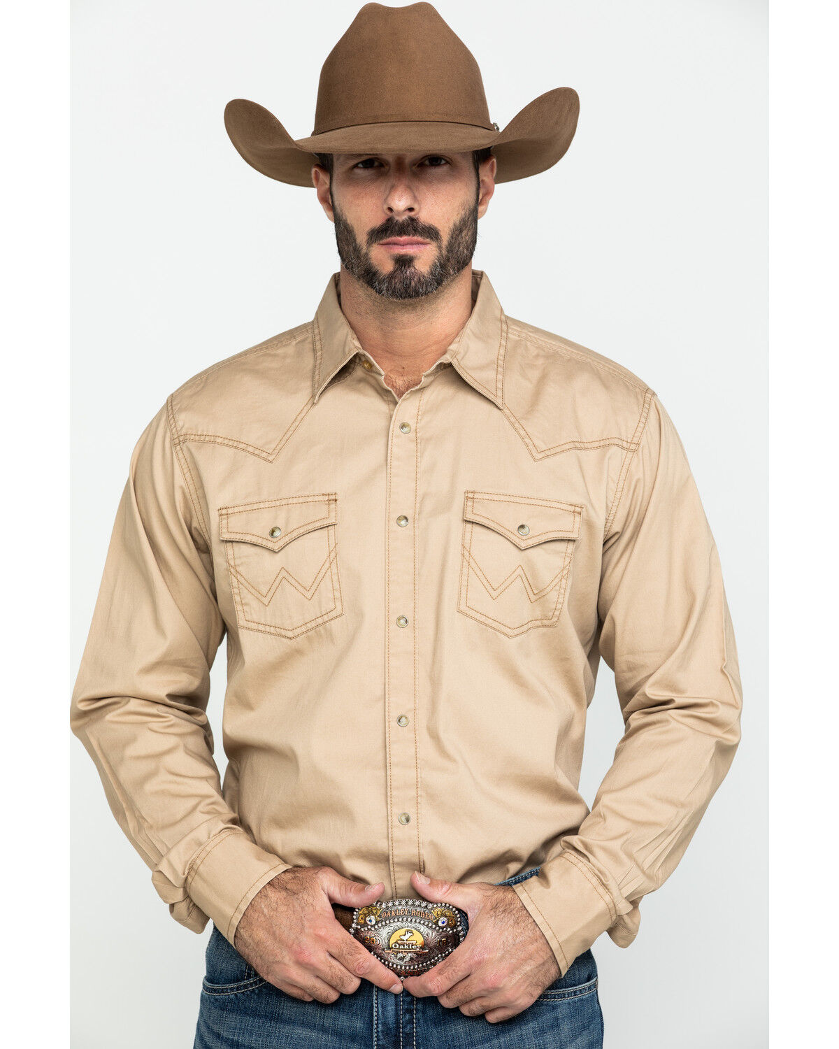 Image #1 - Wrangler Retro Men's Solid Long Sleeve Snap Western Shirt, Tan, hi-res