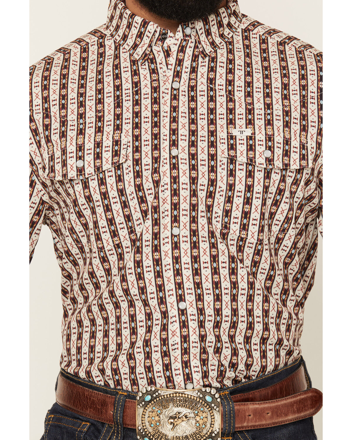 Image #3 - Ferrell Men's Tek Senior Southwestern Striped Print Short Sleeve Snap Performance Western Shirt, Brown, hi-res