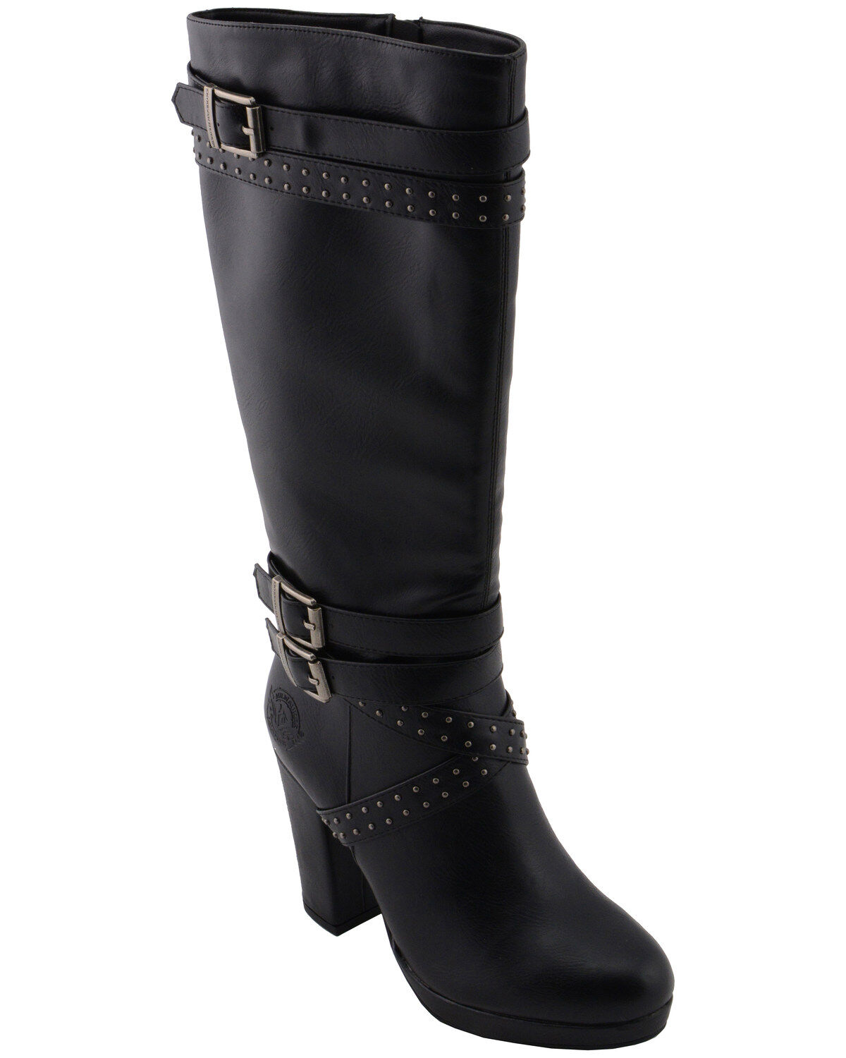 Milwaukee Leather Women's Platform Heel Studded Strap Boot - Round Toe, Black, hi-res