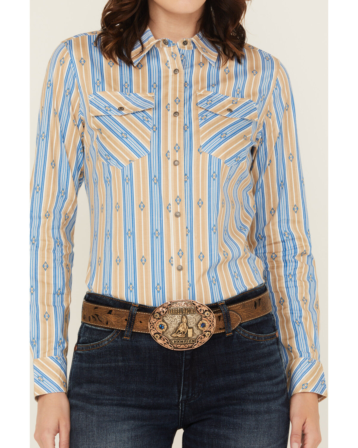 Image #3 - Shyanne Women's Serape Striped Long Sleeve Snap Stretch Western Shirt, Blue, hi-res