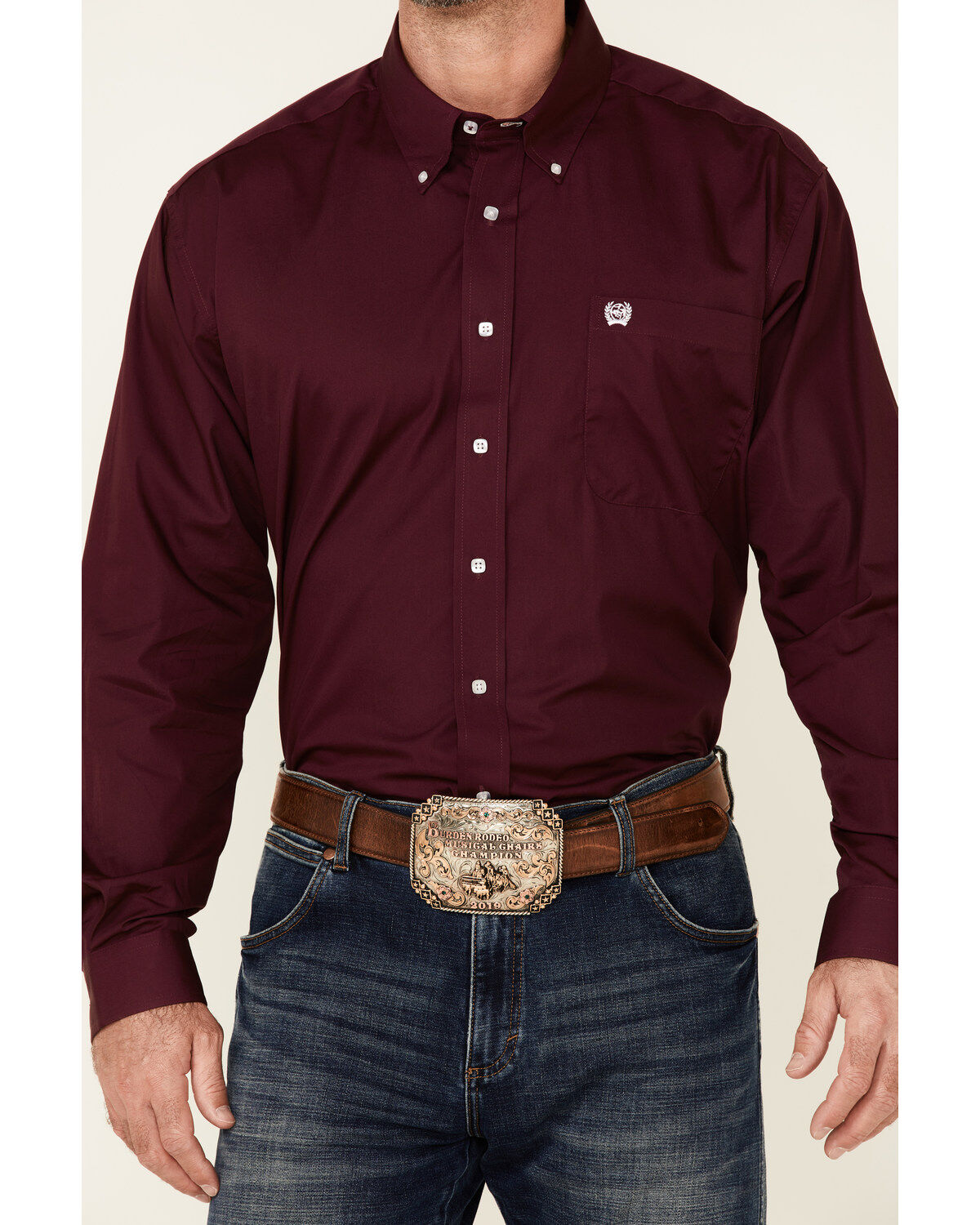 Image #3 - C&zwnj;inch Men's Solid Burgundy Button Long Sleeve Western Shirt, Burgundy, hi-res