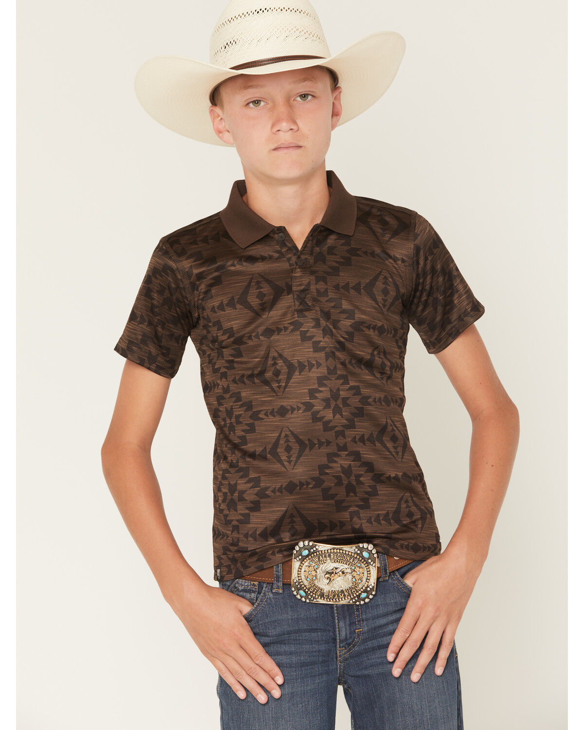 Image #1 - RANK 45&reg; Boys' Tonal Southwestern Short Sleeve Button-Down Polo Shirt, Coffee, hi-res