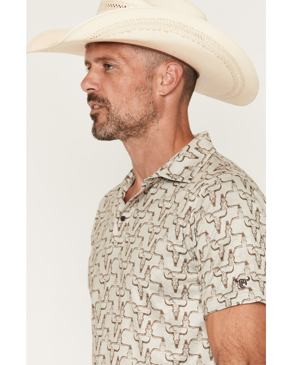 Image #2 - Cowboy Hardware Men's Hombre Skull Print Short Sleeve Snap Stretch Polo Shirt, Tan, hi-res