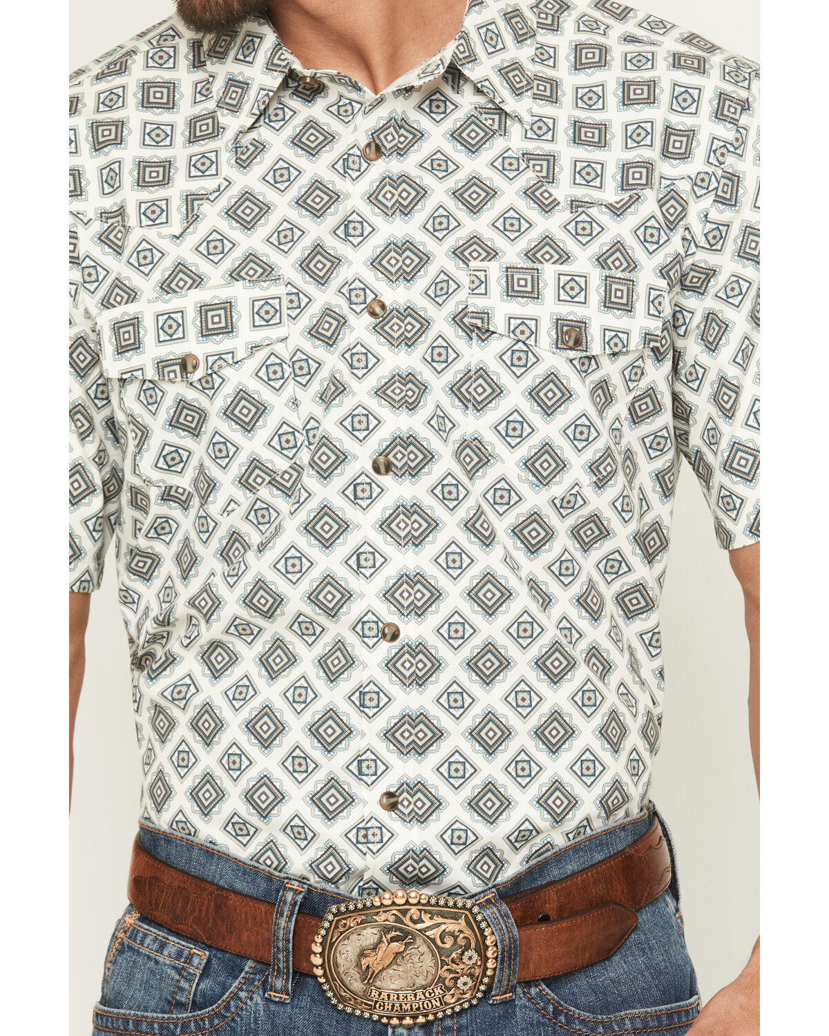 Image #3 - Gibson Trading Co Men's Time Warp Medallion Print Short Sleeve Snap Western Shirt, Ivory, hi-res