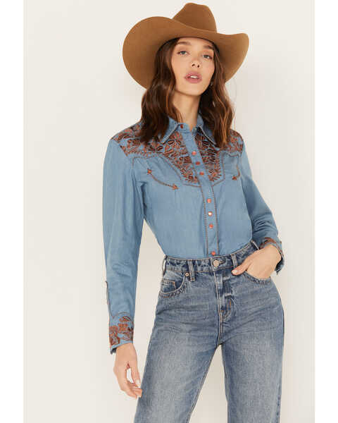 Image #1 - Scully Women's Floral Embroidered Long Sleeve Western Shirt, Blue, hi-res