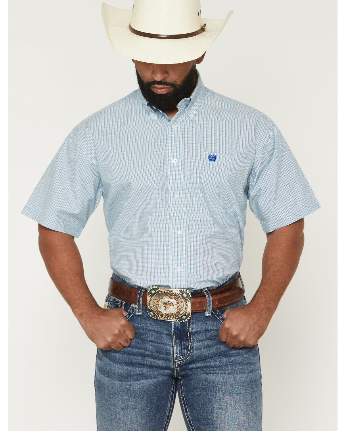 Cinch Men's Micro Plaid Print Short Sleeve Button-Down Western Shirt, White, hi-res