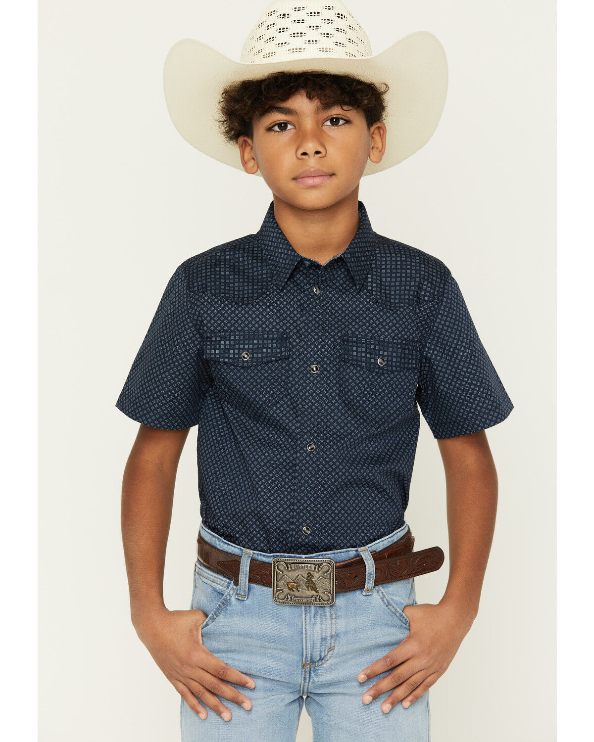 Image #1 - Cody James Boys' Tripp Geo Print Short Sleeve Snap Western Shirt, Navy, hi-res