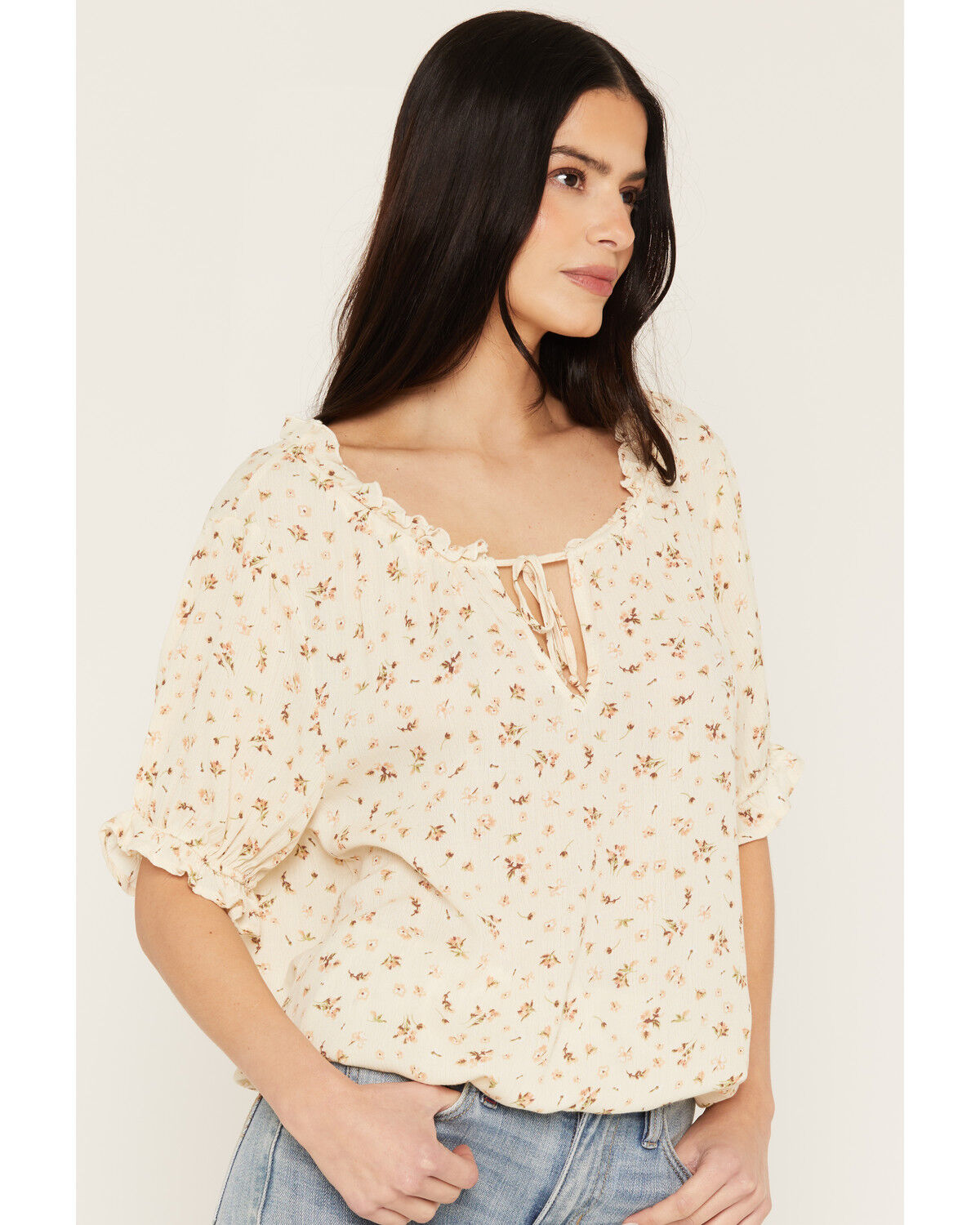 Image #2 - Wild Moss Women's Ditsy Floral Print Short Sleeve Shirt, Cream, hi-res