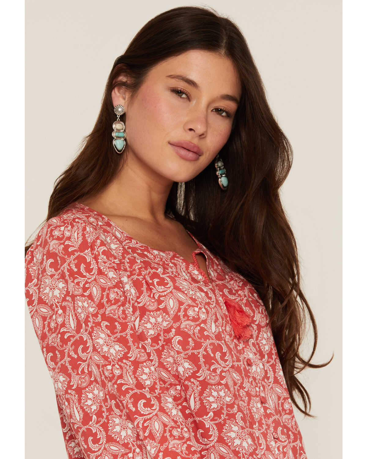 Image #2 - Panhandle Women's Floral Paisley Print Long Sleeve Peasant Top, Red, hi-res
