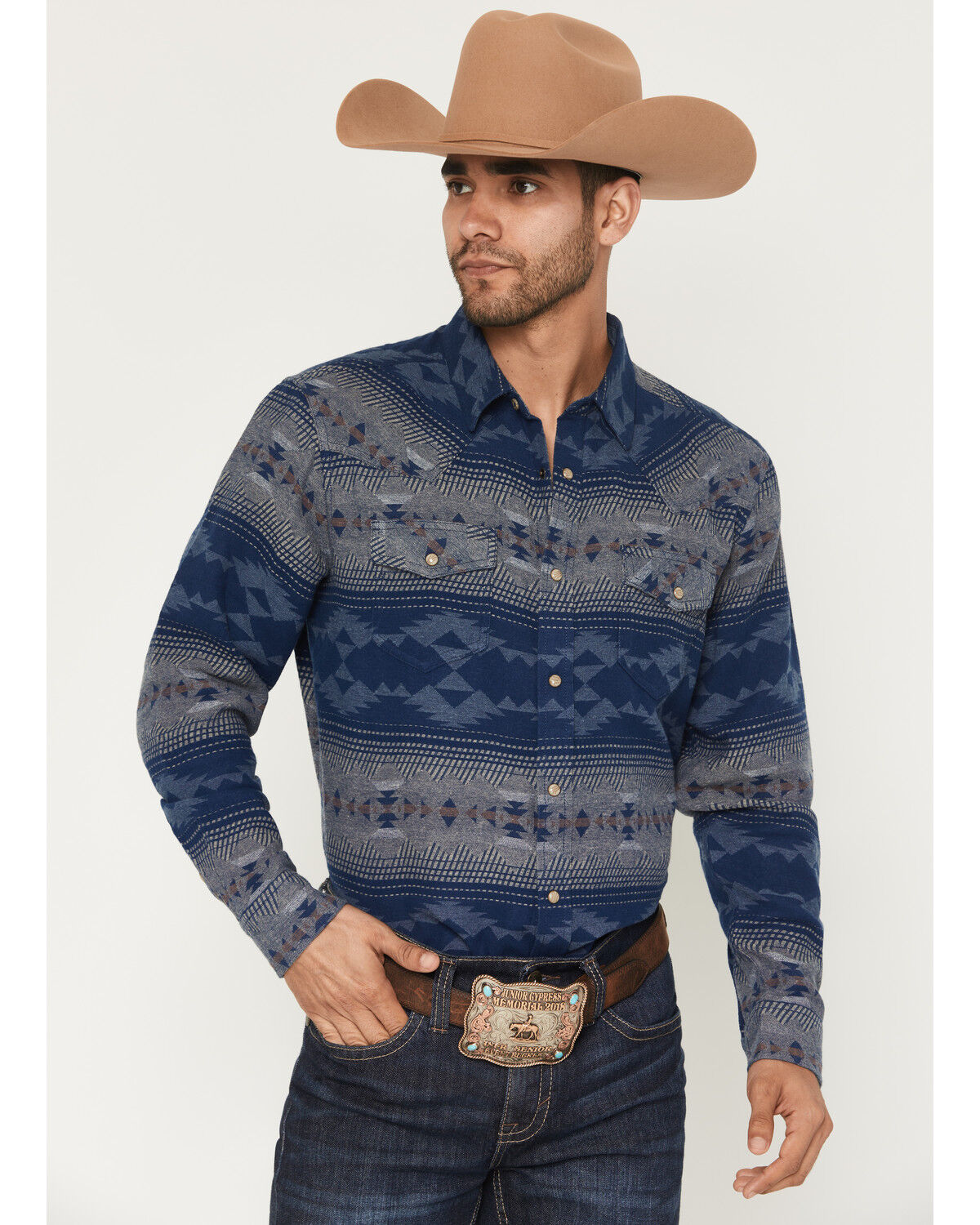 Image #1 - Cody James Men's Arrow Bear Southwestern Long Sleeve Snap Flannel Shirt, Blue, hi-res