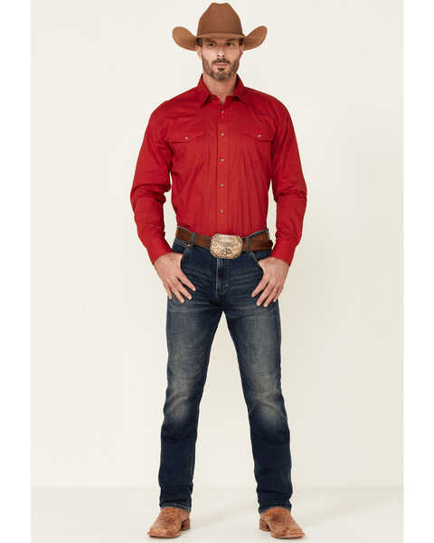 Image #2 - Roper Men's Amarillo Collection Solid Long Sleeve Western Shirt, Red, hi-res