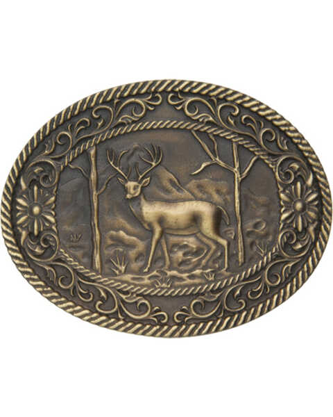 Image #1 - AndWest Men's White Tail Deer with Scrolls Belt Buckle, Brass, hi-res