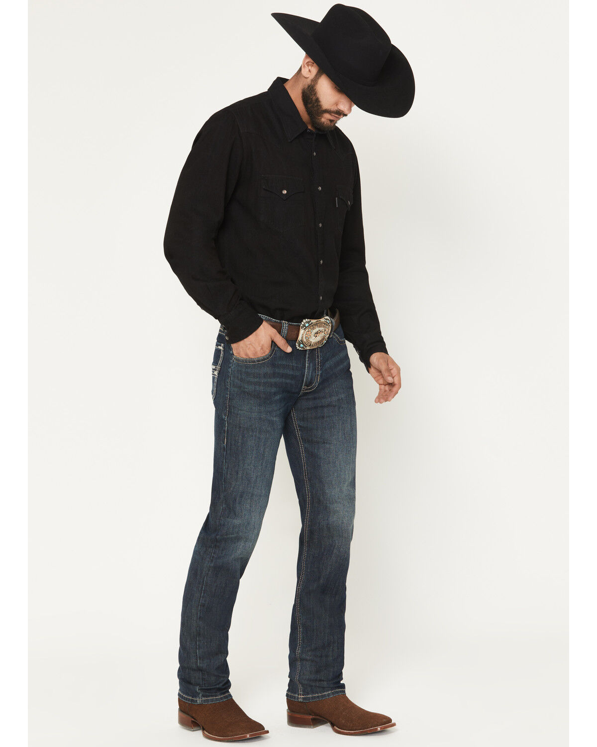 Rock & Roll Denim Men's Revolver Dark Wash Slim Straight Pleather Embroidered Stretch Denim Jeans, Dark Wash, hi-res
