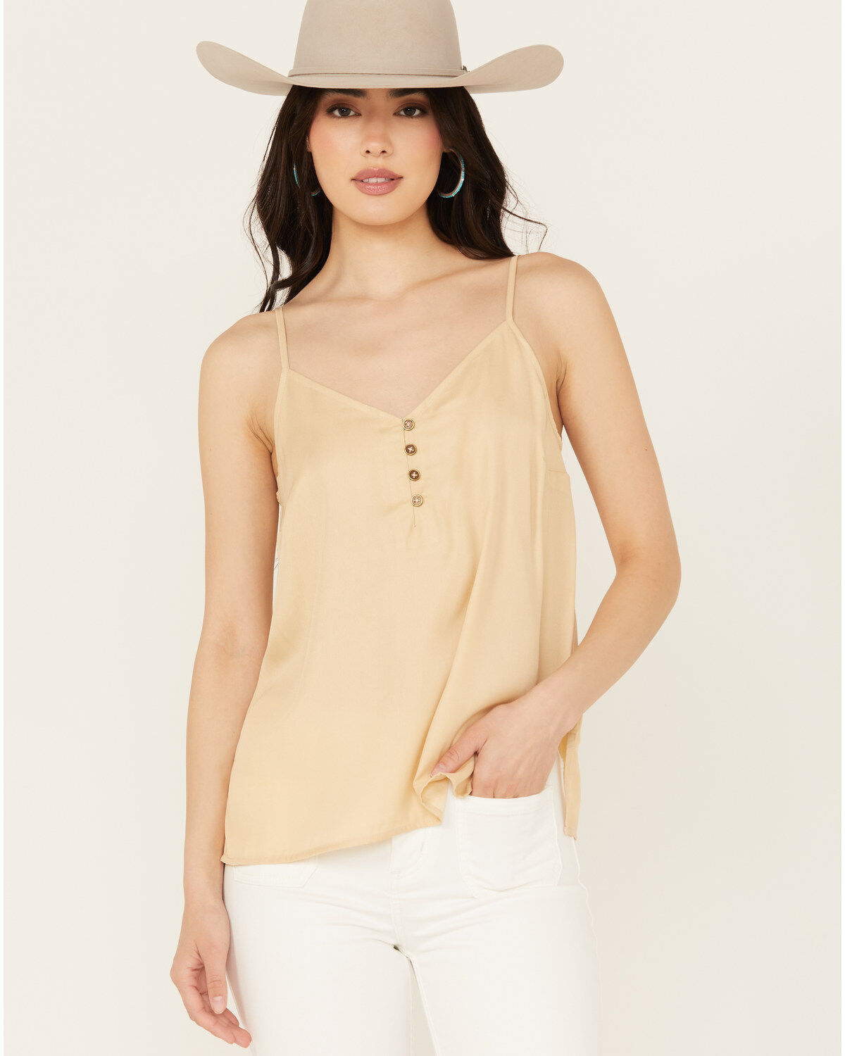 Cleo + Wolf Women's Henley Silk Cami, Tan, hi-res
