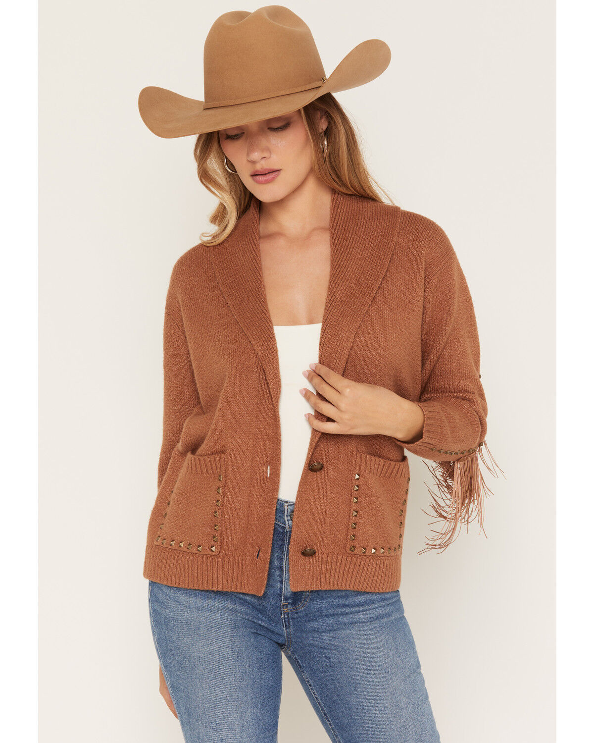 Idyllwind Women's Hicks Studded Fringe Button-Down Cardigan, Bark, hi-res