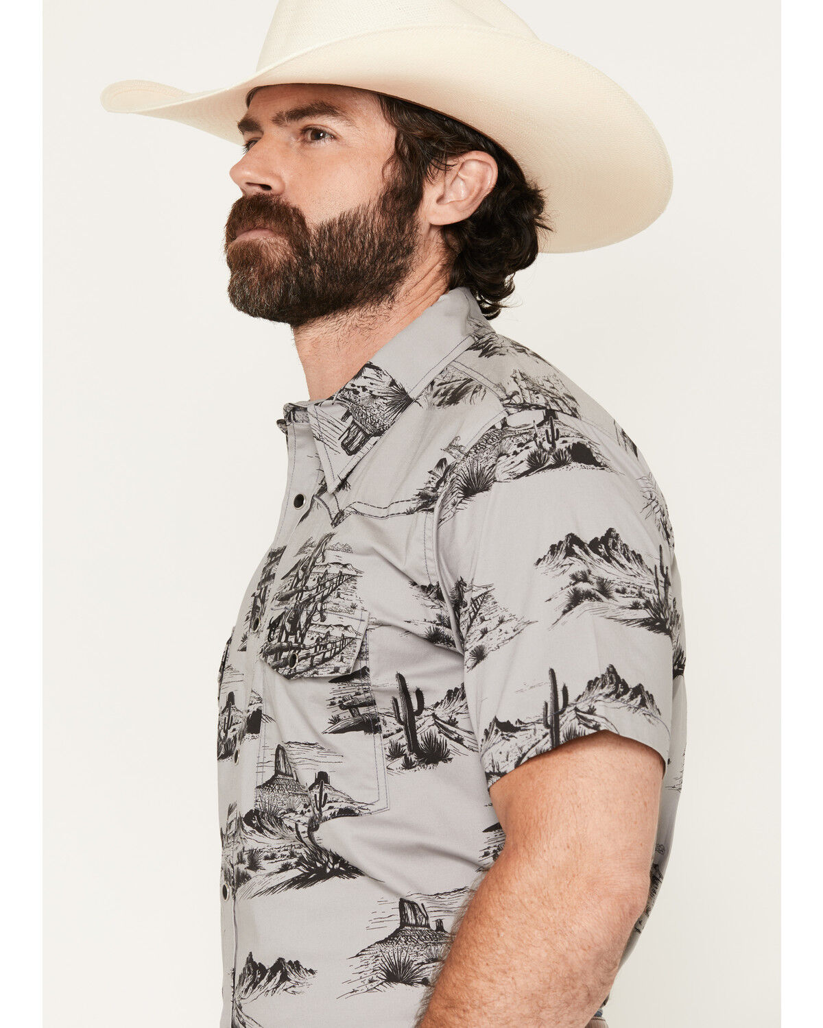 Image #2 - Cowboy Hardware Men's Boot Barn Exclusive Western Scenery Short Sleeve Snap Stretch Western Shirt, Charcoal, hi-res