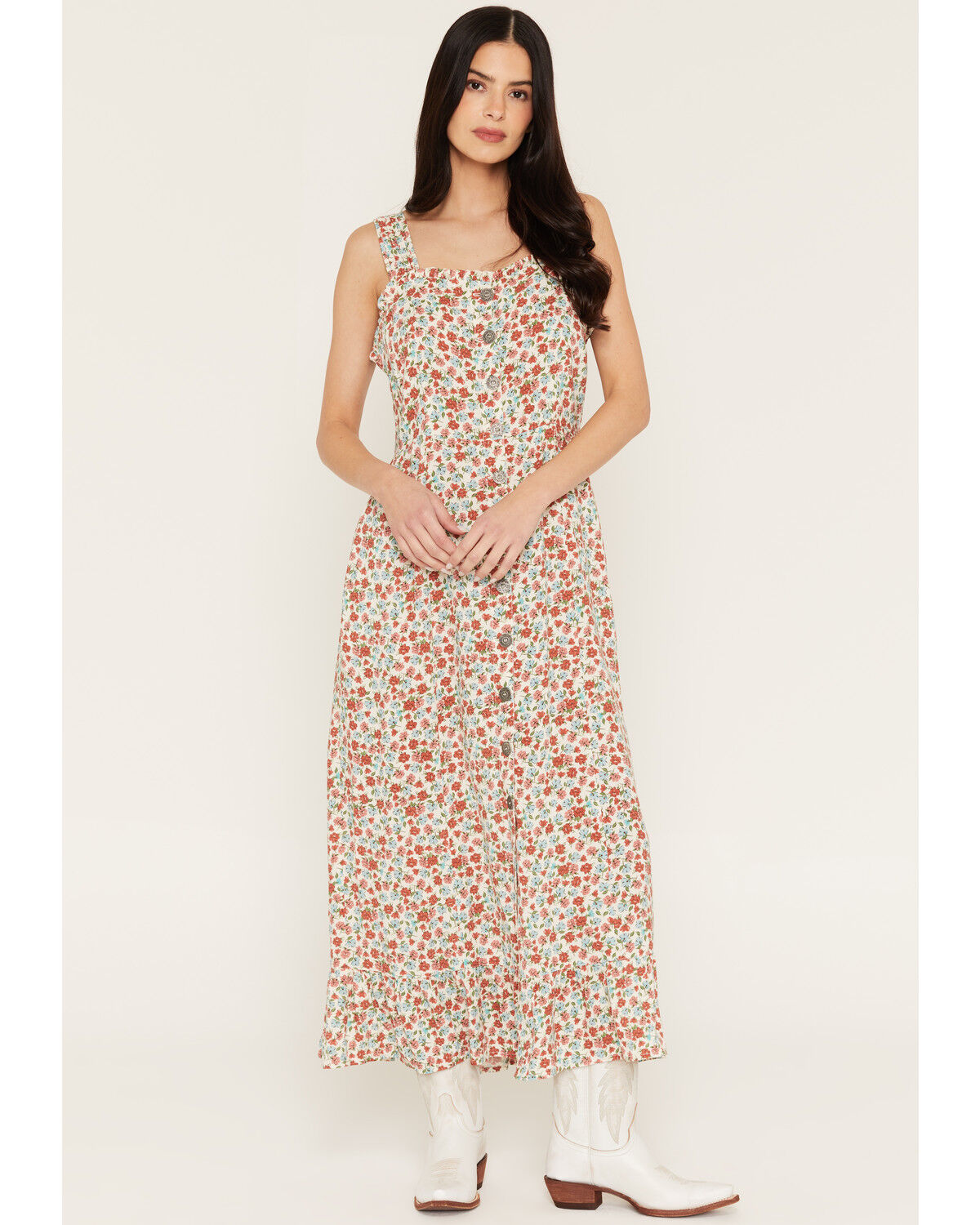 Cotton & Rye Women's Boot Barn Exclusive Ditsy Daisy Floral Print Sleeveless Button-Down Midi Dress, Cream, hi-res