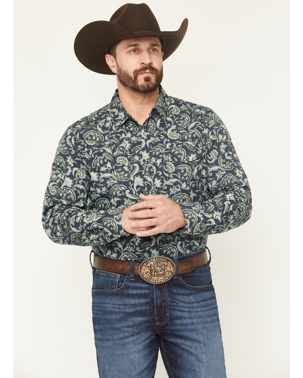 Image #1 - Gibson Trading Co Men's Hubert Floral Print Long Sleeve Snap Stretch Western Shirt, Navy, hi-res