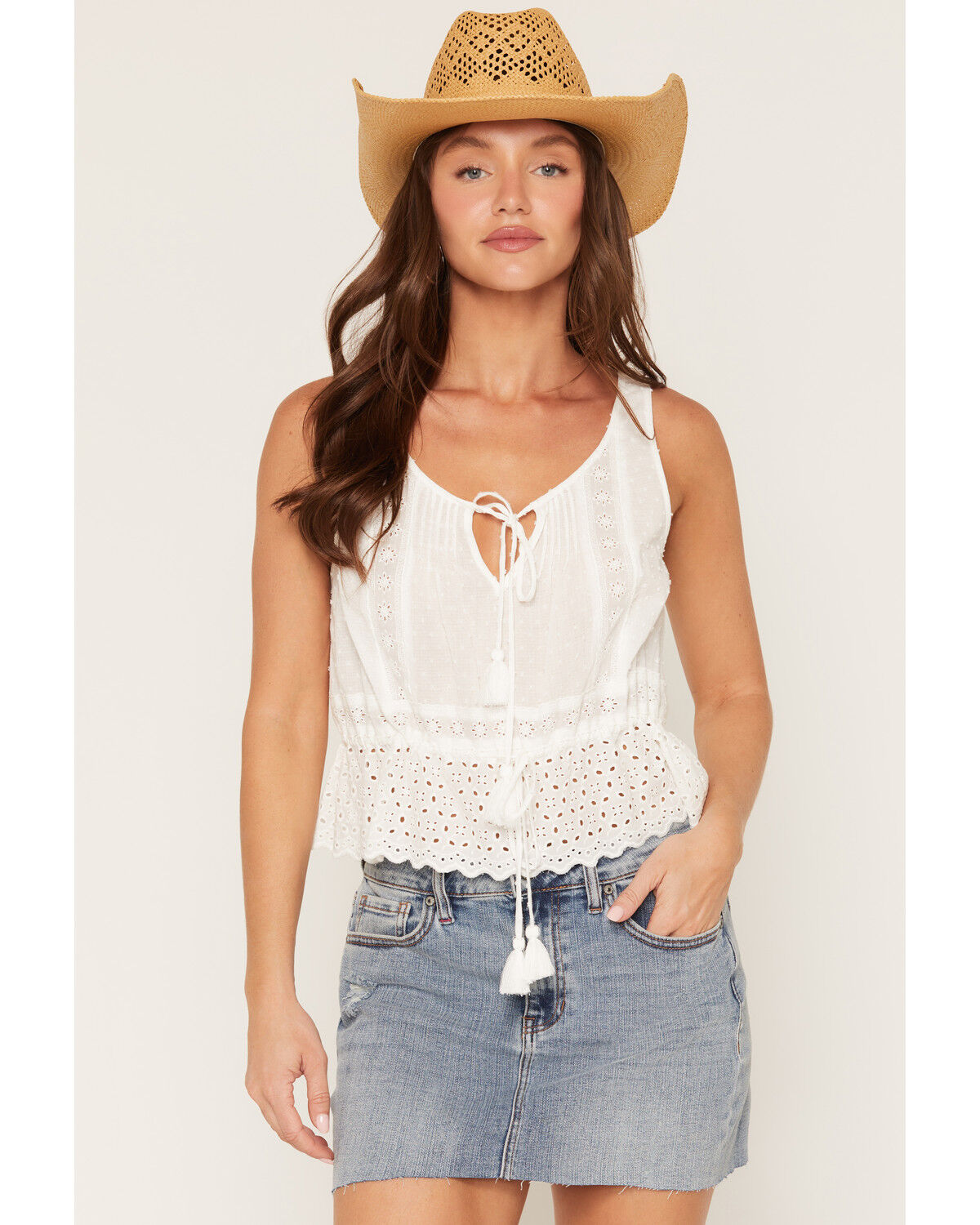 Lovestitch Women's Eyelet Peplum Tank Top, White, hi-res