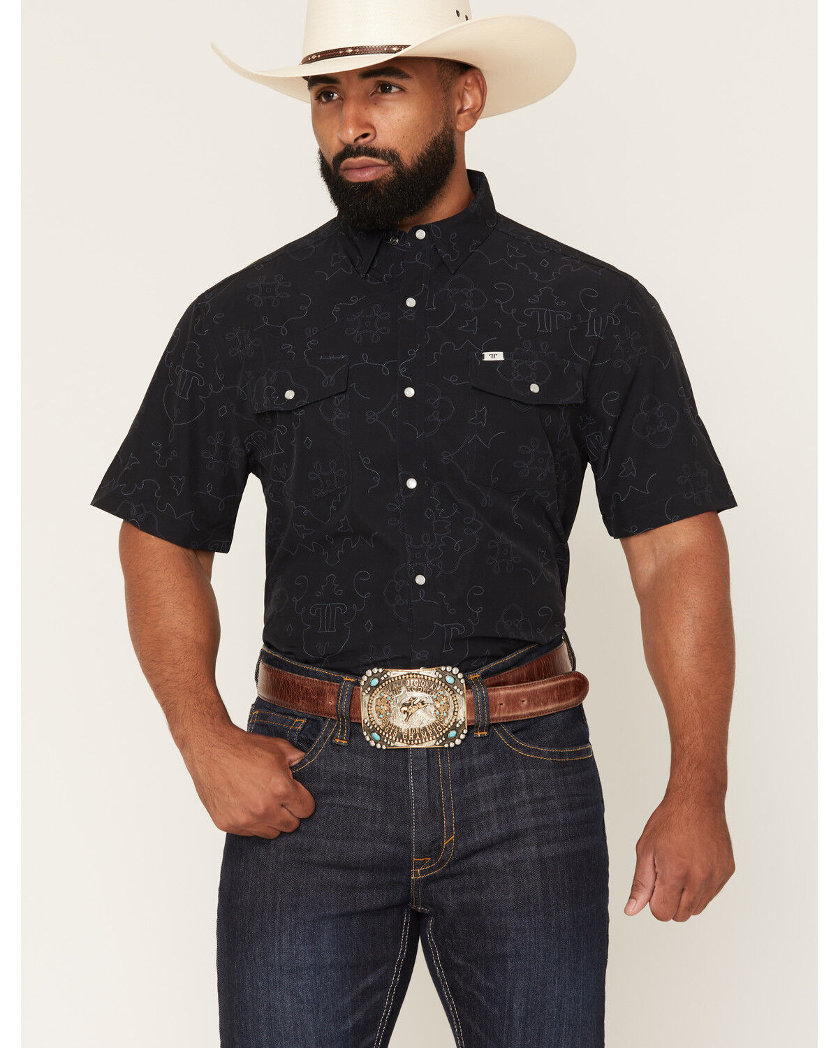 Image #1 - Ferrell Men's Tek Carson Boot Stitch Print Short Sleeve Pearl Snap Stretch Performance Western Shirt, Black, hi-res