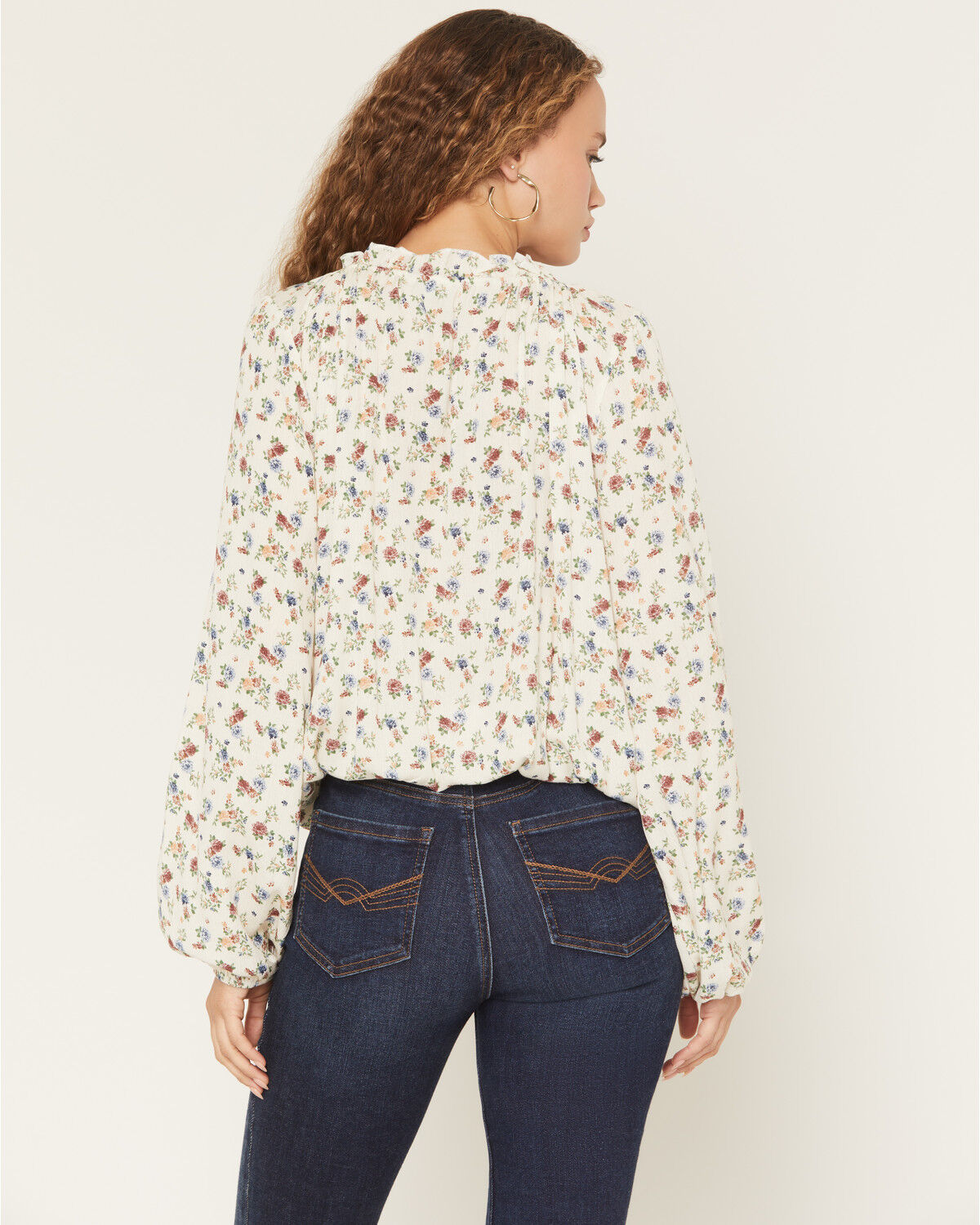 Image #4 - Wild Moss Women's Floral Print Long Sleeve Elastic Hem Peasant Top, Ivory, hi-res