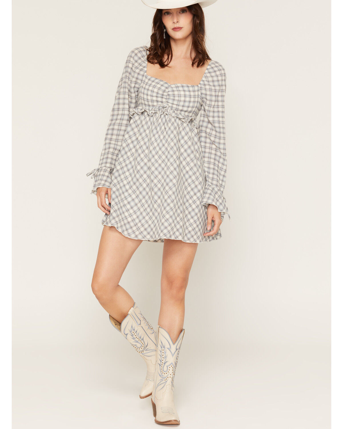Image #1 - Cleo + Wolf Women's Plaid Print Ruffle Long Sleeve Mini Dress, Blue, hi-res