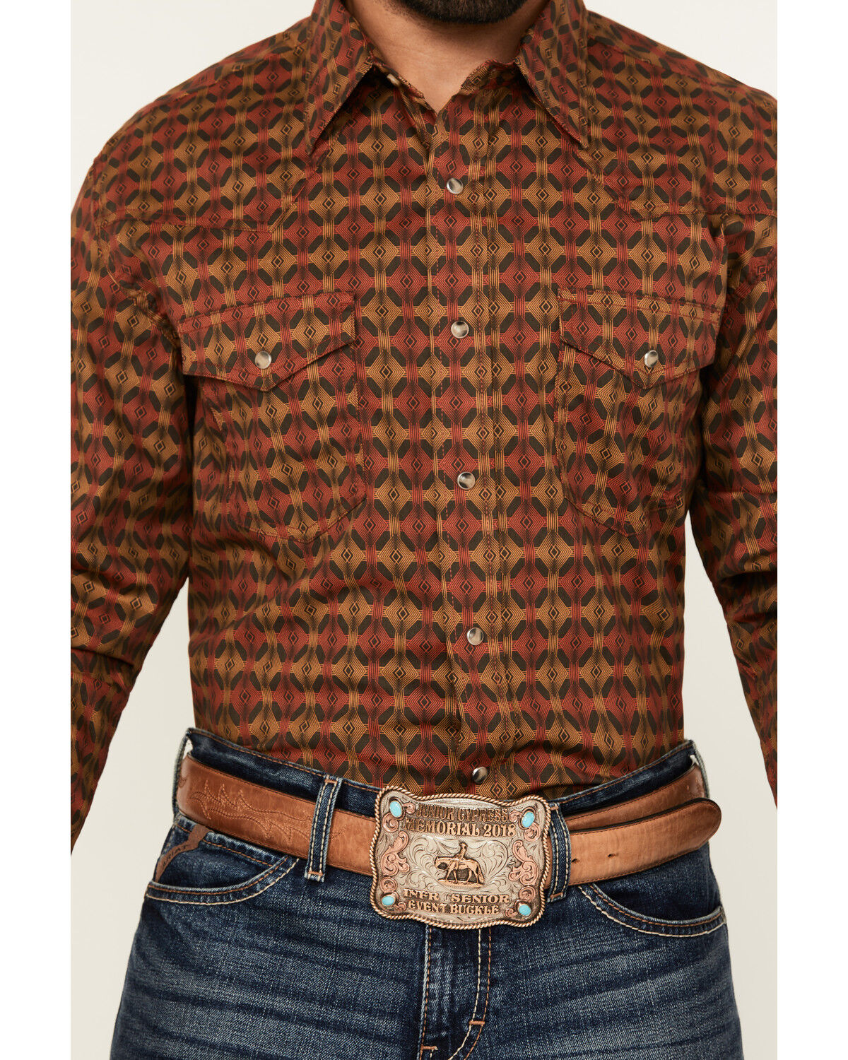 Image #3 - Wrangler 20X Men's Geo Print Long Sleeve Snap Stretch Western Shirt, Brown, hi-res