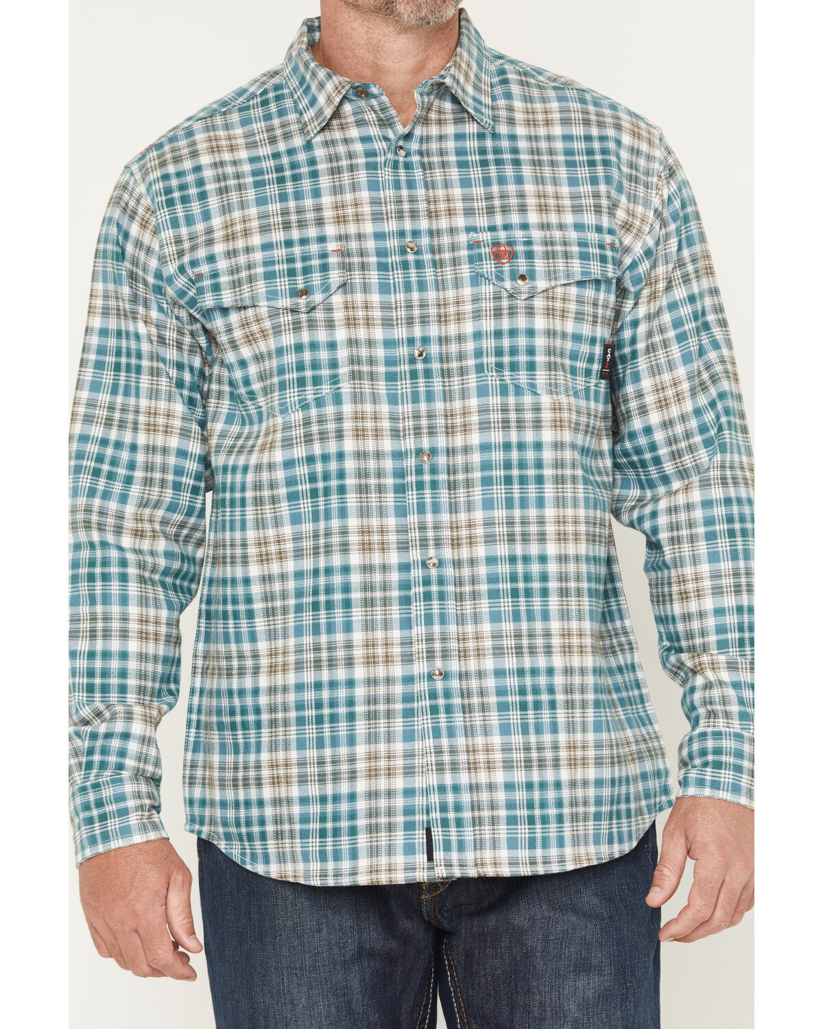 Image #3 - Ariat Men's FR Cobb Plaid Print Long Sleeve Snap Work Shirt, Teal, hi-res
